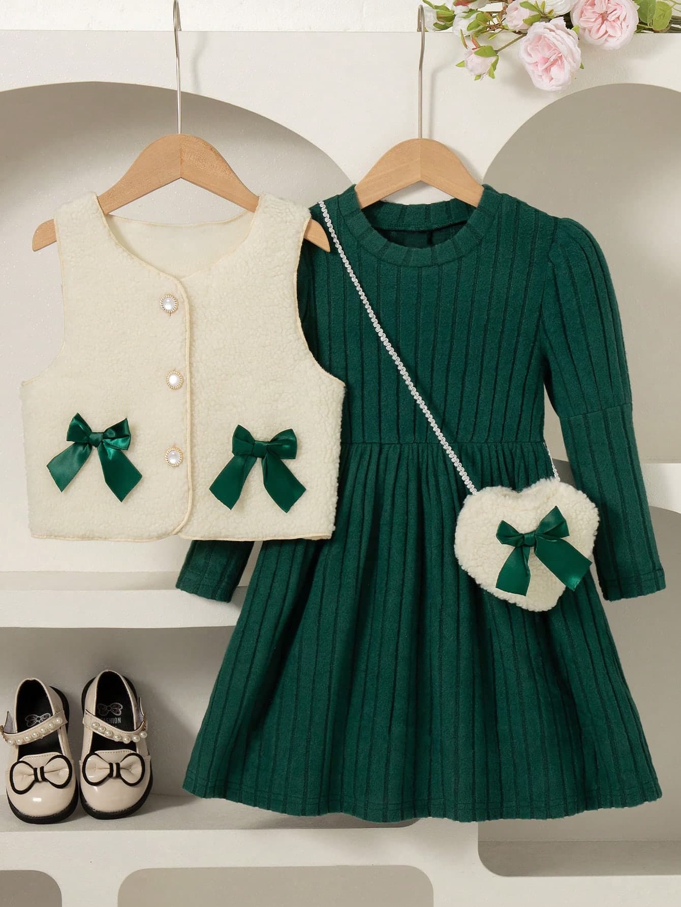 2pcs Girls Casual Outfit Set - Sleeveless Top With Bow Decor And Long Sleeve Knee-Length Dress, Fashion Suit For Girls, Spring/Autumn/Winter