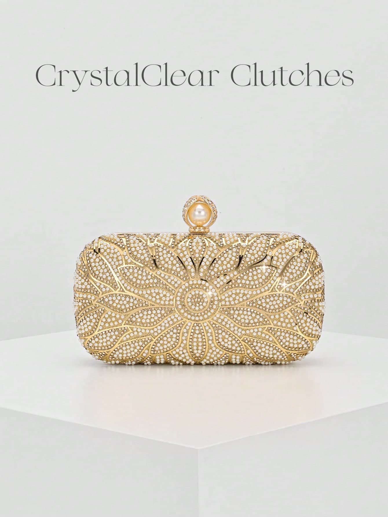 Elegant Faux Pearl Box-Shaped Evening Bag, Romantic Wedding Handbag, Luxury Rhinestone Decor Formal Dress Clutch, Bridal Party Purse, Crossbody Chain Shoulder Bag For Women