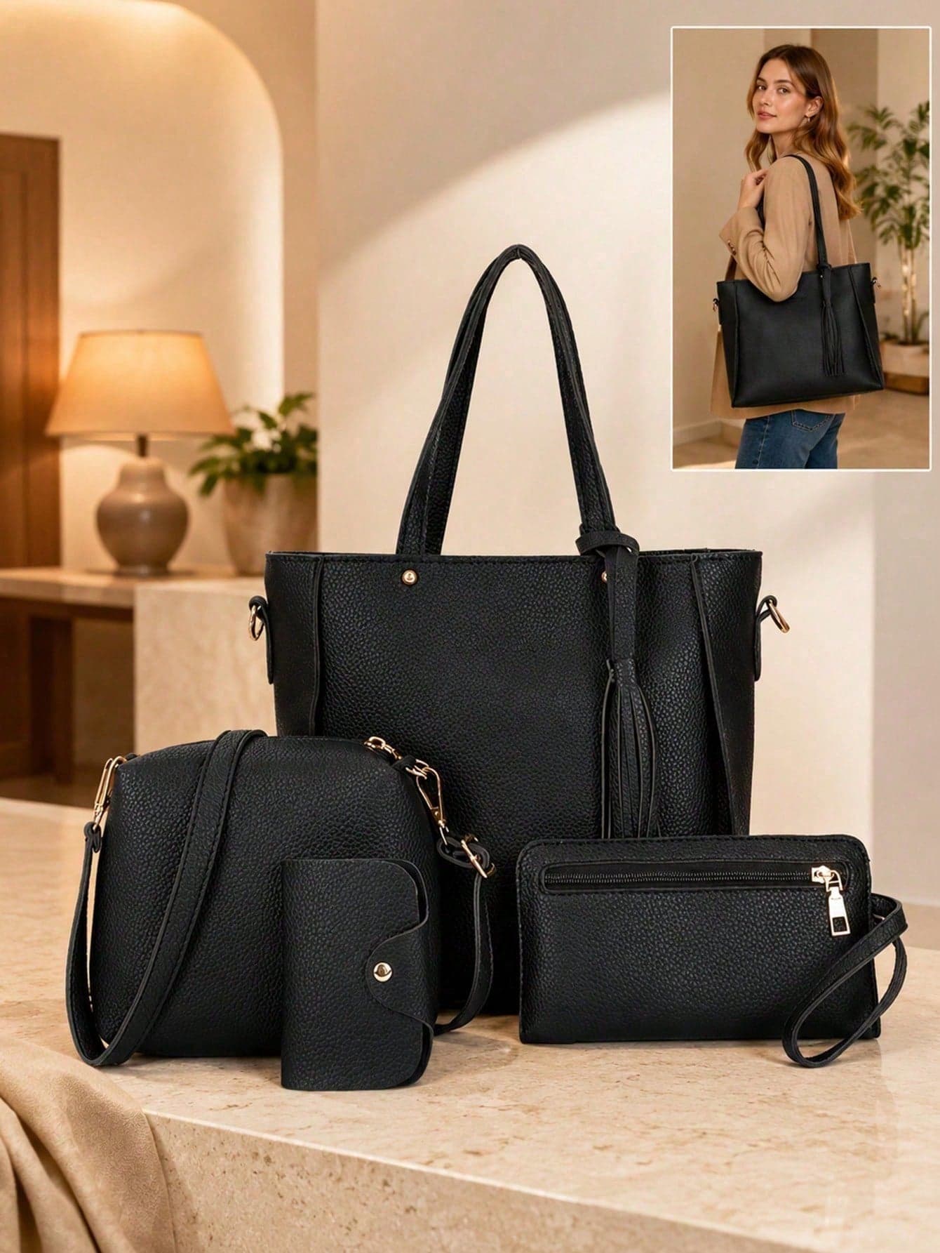 2026 New 4-Piece Women's Shoulder Bag Set - Crafted With High-Quality PU Material, Featuring An Elegant, Minimalist, And Korean-Style Design. This Multi-Functional Set Includes A Spacious Crossbody Bag And A Classic Handbag.