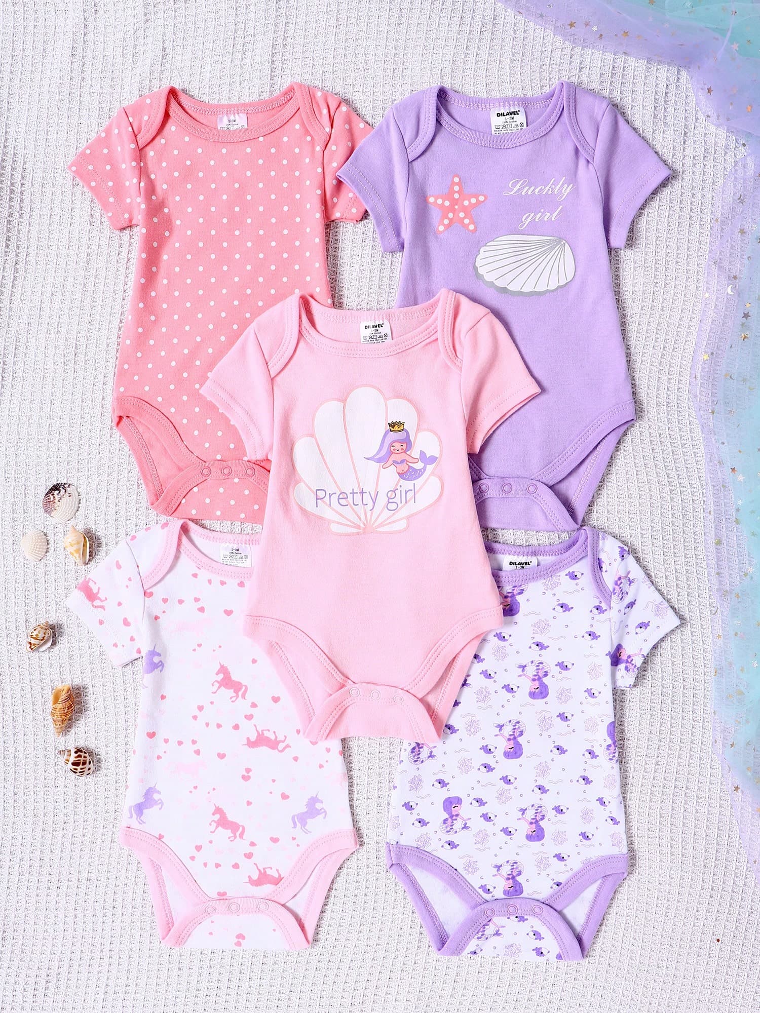 5PCS New Baby Girl Triangle Jumpsuit, Fresh Light Color Series, Multiple Cute Patterns, Creative Cotton, Comfortable, Soft, Short Crawling