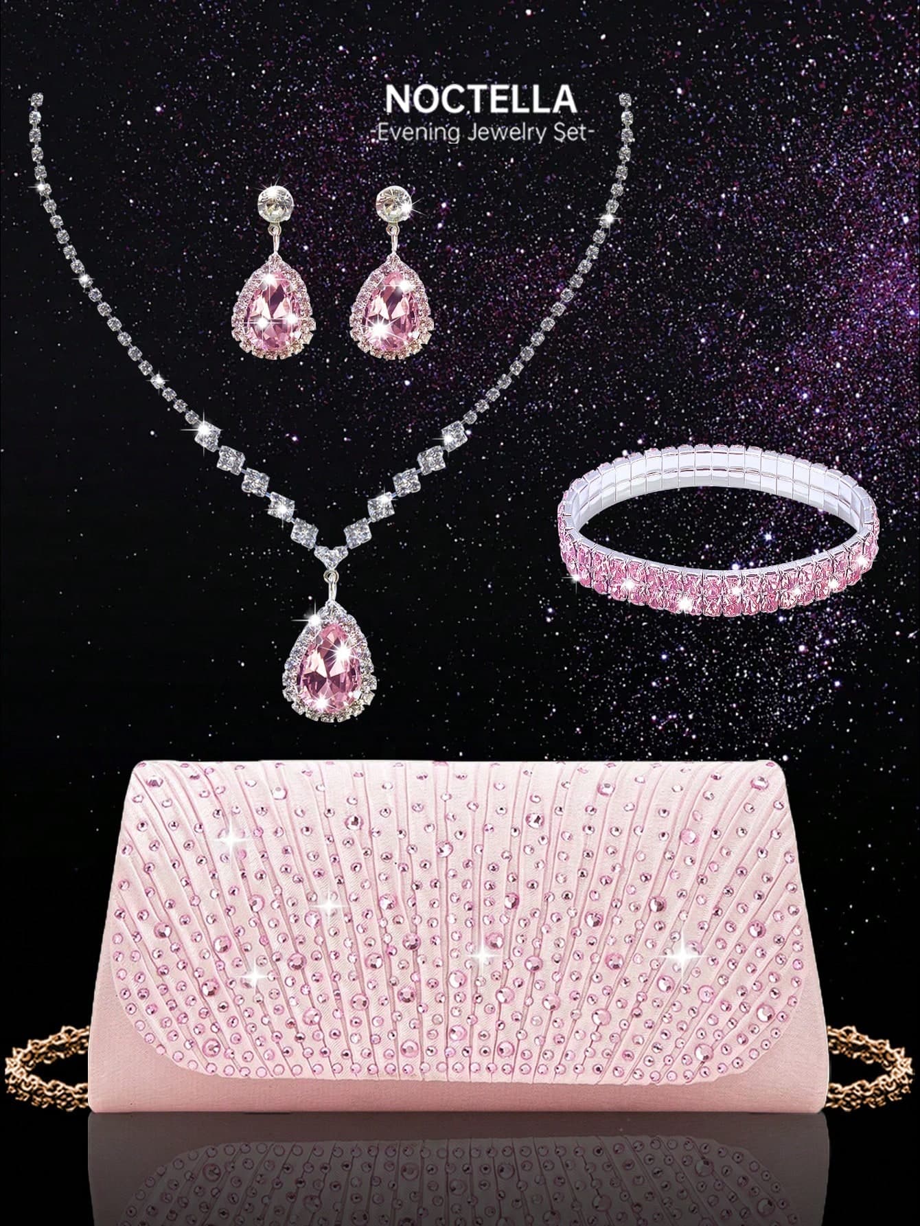 4pcs Sparkling Crystal Jewelry Set, Including Crystal Pleated Clutch Bag, Crystal Pendant Necklace, Earrings And Bracelet, Suitable For Party, Gala, Gathering And Ball, Luxury Fashion Women's New Arrival