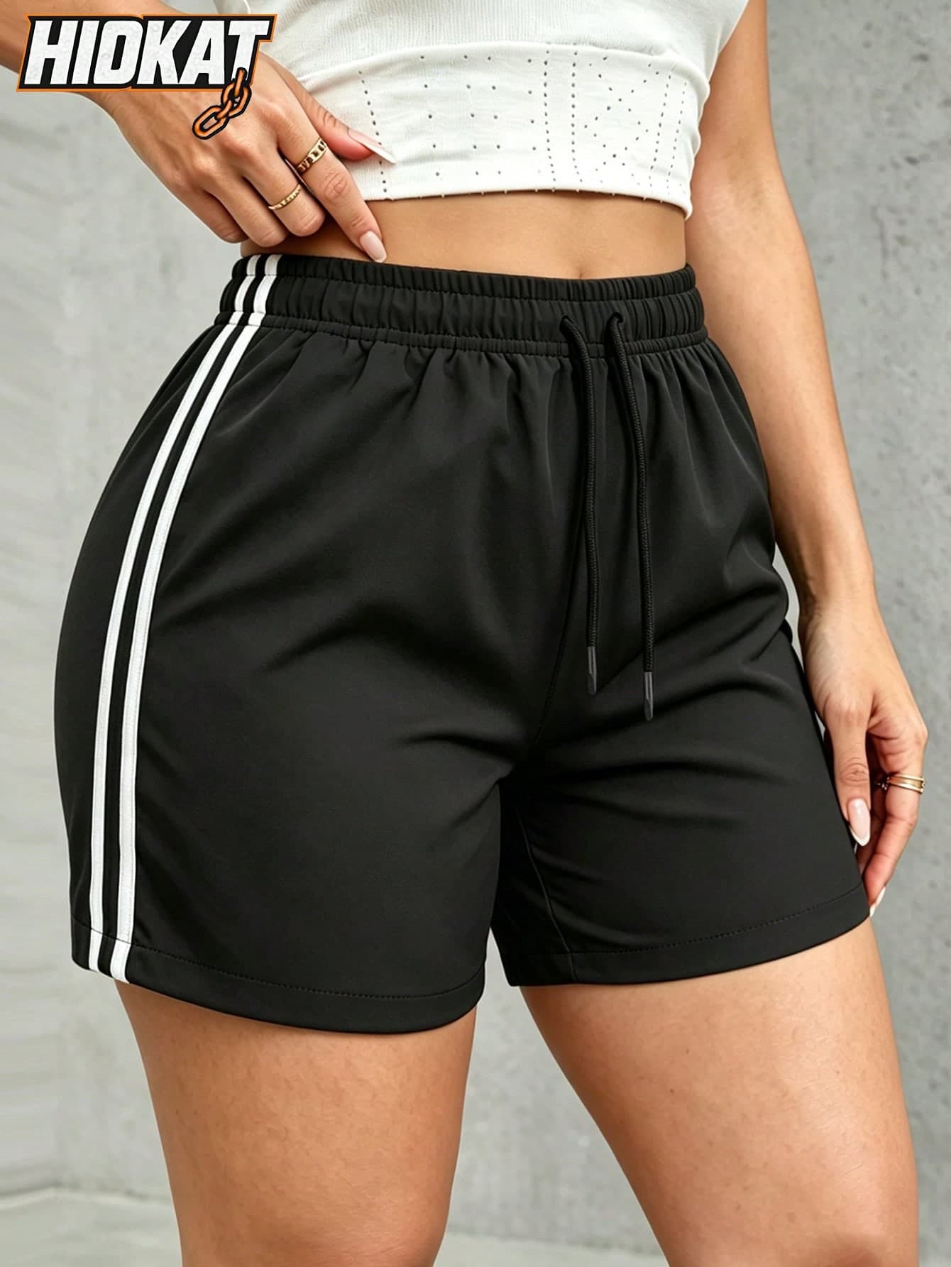 Hidkat Women's Summer Fashion Minimalist Versatile Sports 3/4 Shorts, Lightweight Breathable, Waist Drawstring, Striped Design, Suitable For Casual, Outings, Sports And Fitness