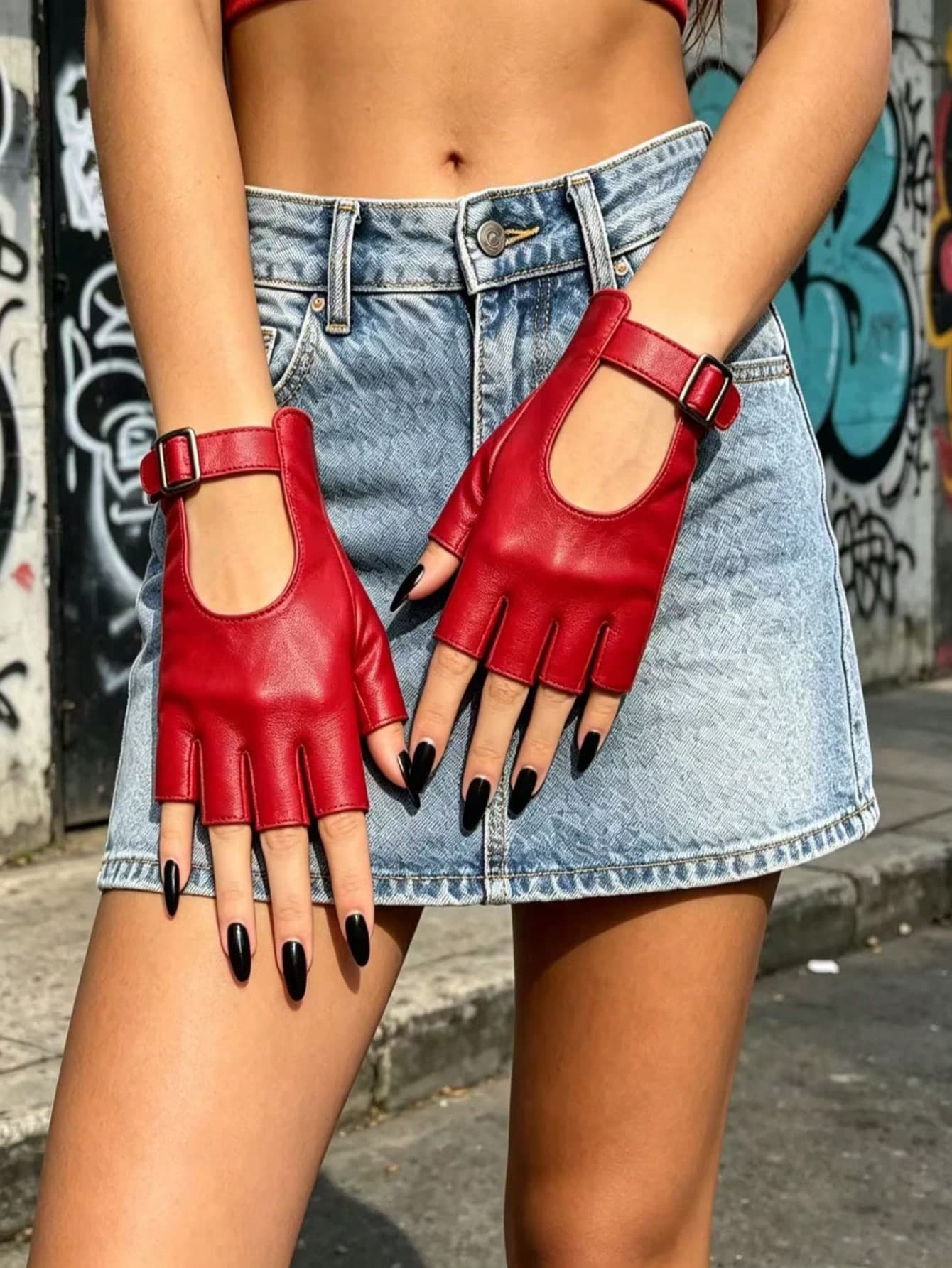 1 Pair Women's Red Metal Buckle Adjustable Width Half Finger Motorcycle Leather Gloves