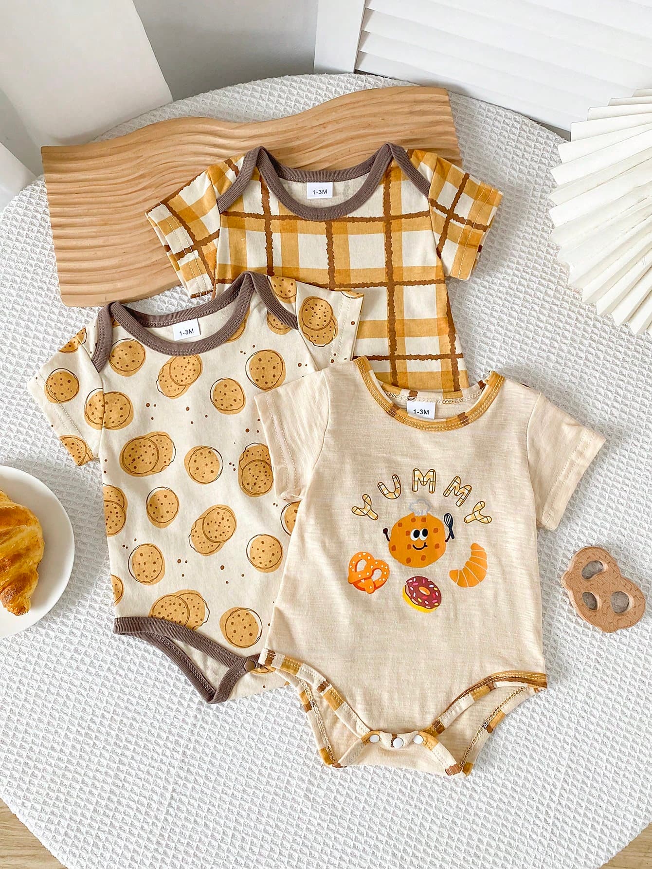 3pcs/Set Baby Summer Ribbed Short Sleeve Bodysuit, Cute Plaid/Cookie/Printed Triangle Infant Newborn