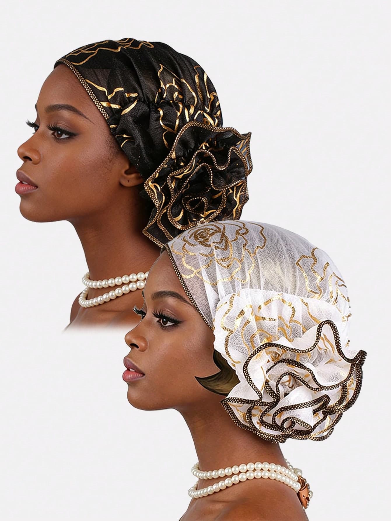 2pcs Women's Gold Foil Lace Floral Headscarf, Muslim Head Wrap, Hair Loss Cap, Thin Hat Suitable For Daily Use