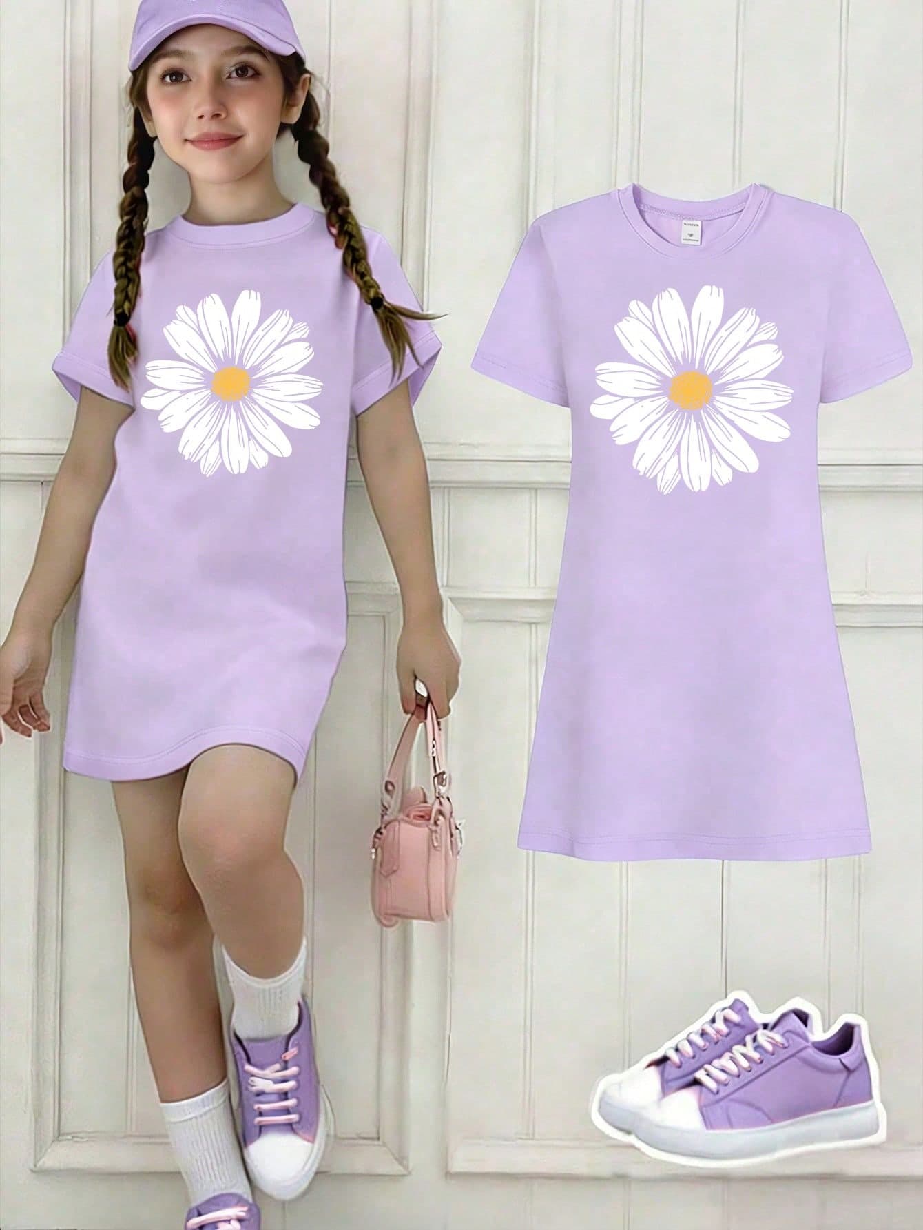 Big Girls Casual Short Sleeve T-Shirt Dress, Daisy Print, Cute & Elegant, Suitable For Spring, Summer And Autumn