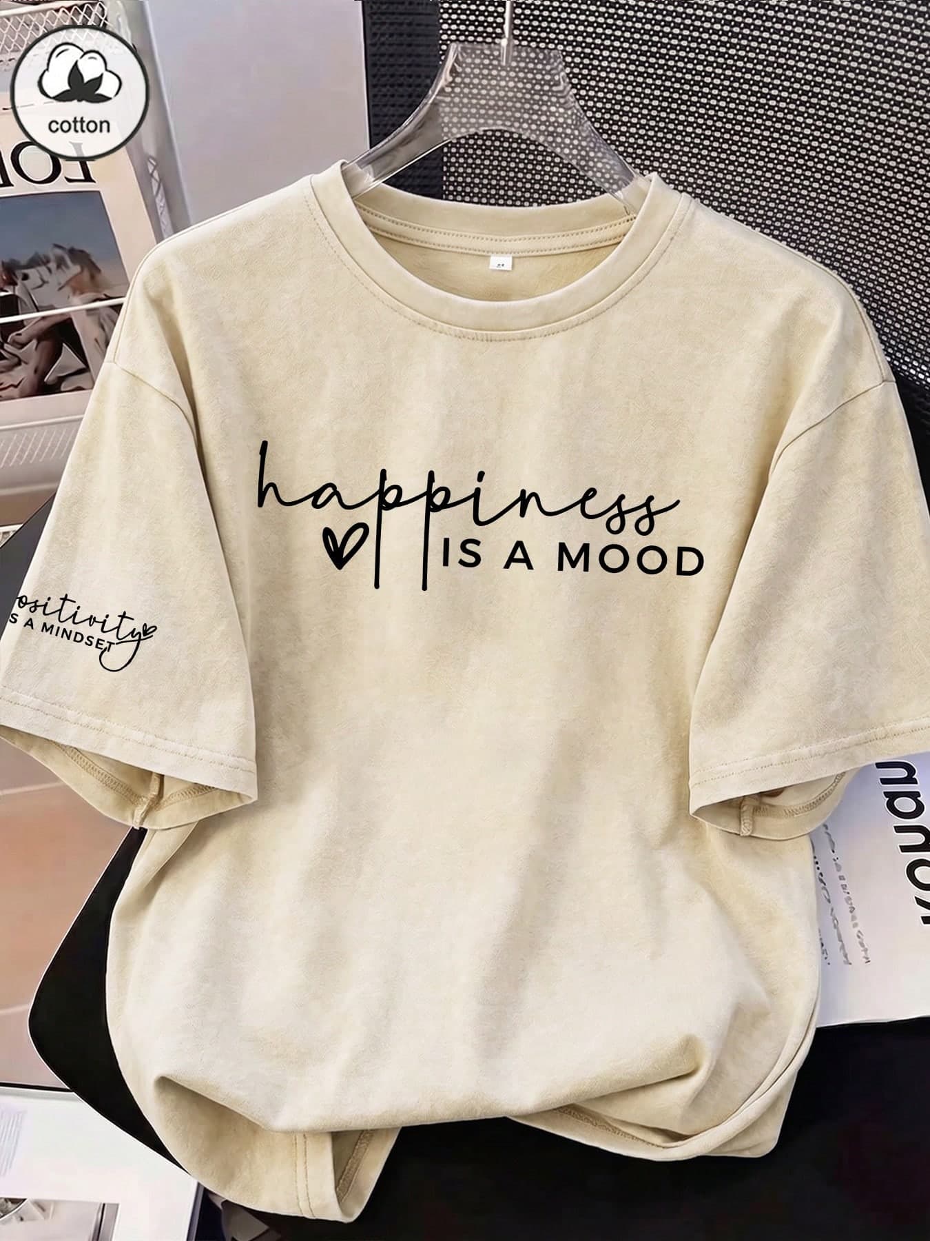 ZZG Es Trus Cotton Summer Women's "Happiness Is A State Of Mind" Graphic Print Street Y2K Style Beige Crew Neck Short Sleeve Washable T-Shirt Top Casual