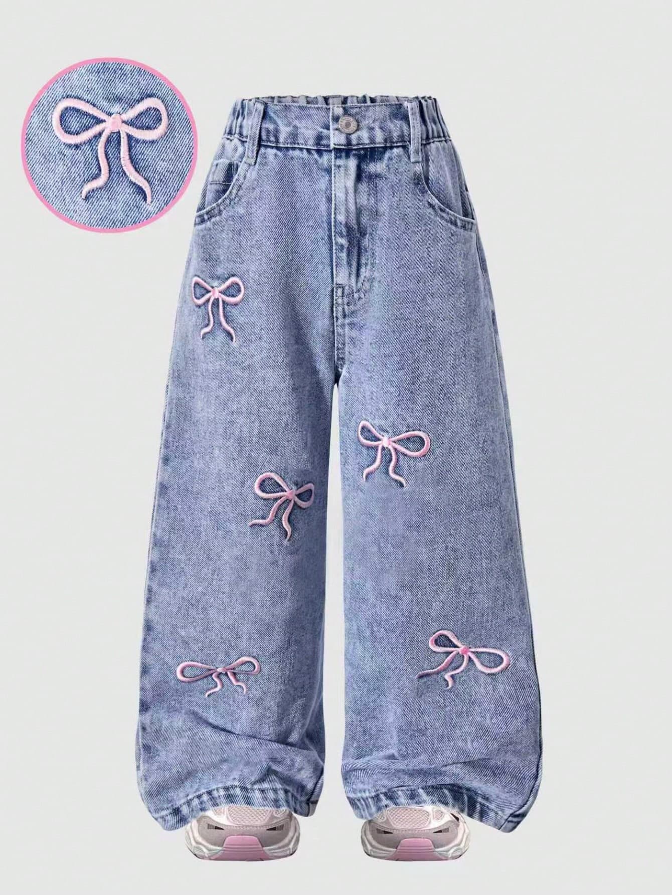 Young Girl Bow Embroidery Pocket Wide Leg Loose Fit Jeans