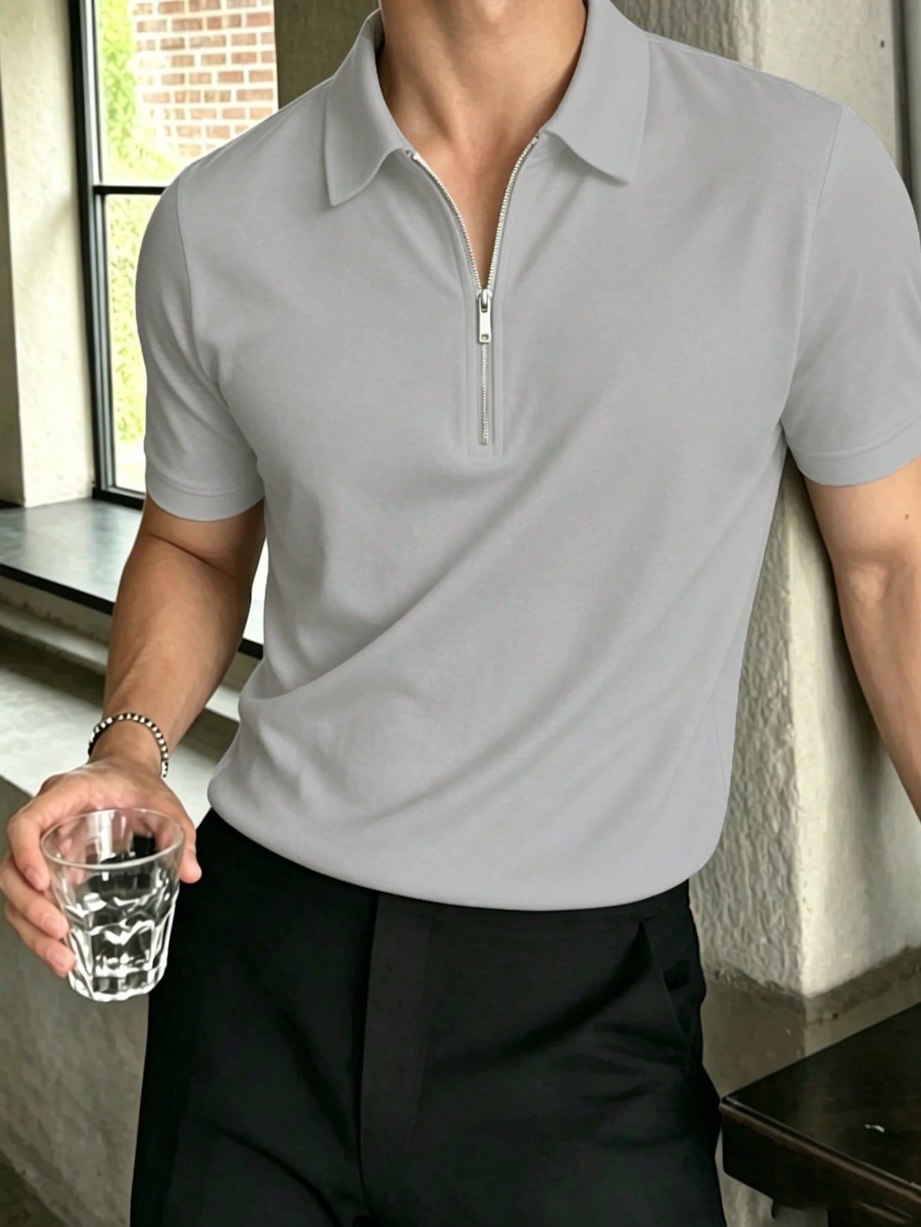 Men's Solid Color Half-Placket Casual Versatile Commuting Short Sleeve Polo Shirt