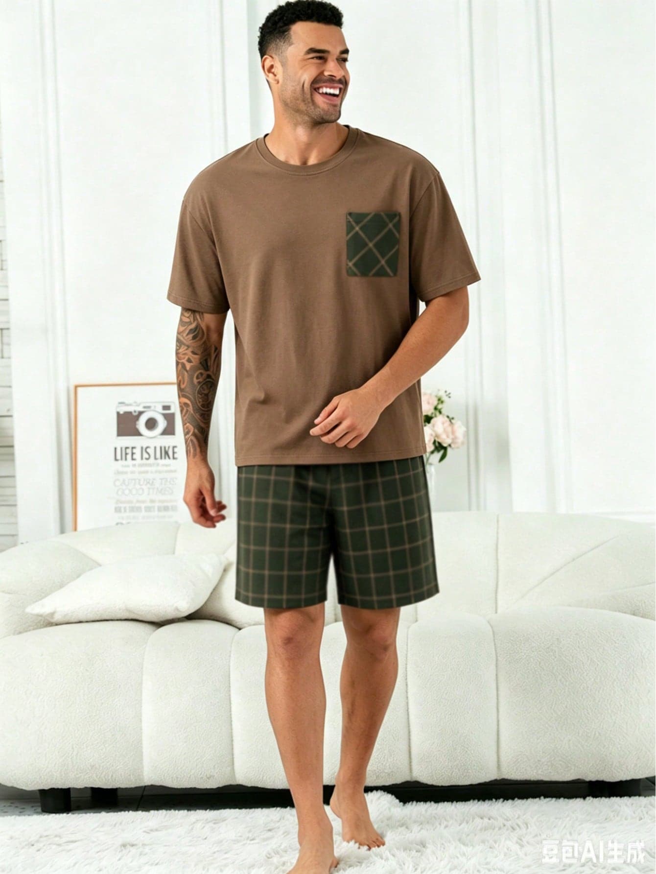 2pcs/Set Plus Size Men's Casual Loose Simple Pocket Round Neck Short Sleeve Plaid Shorts Pajama Set, Suitable For Spring & Summer