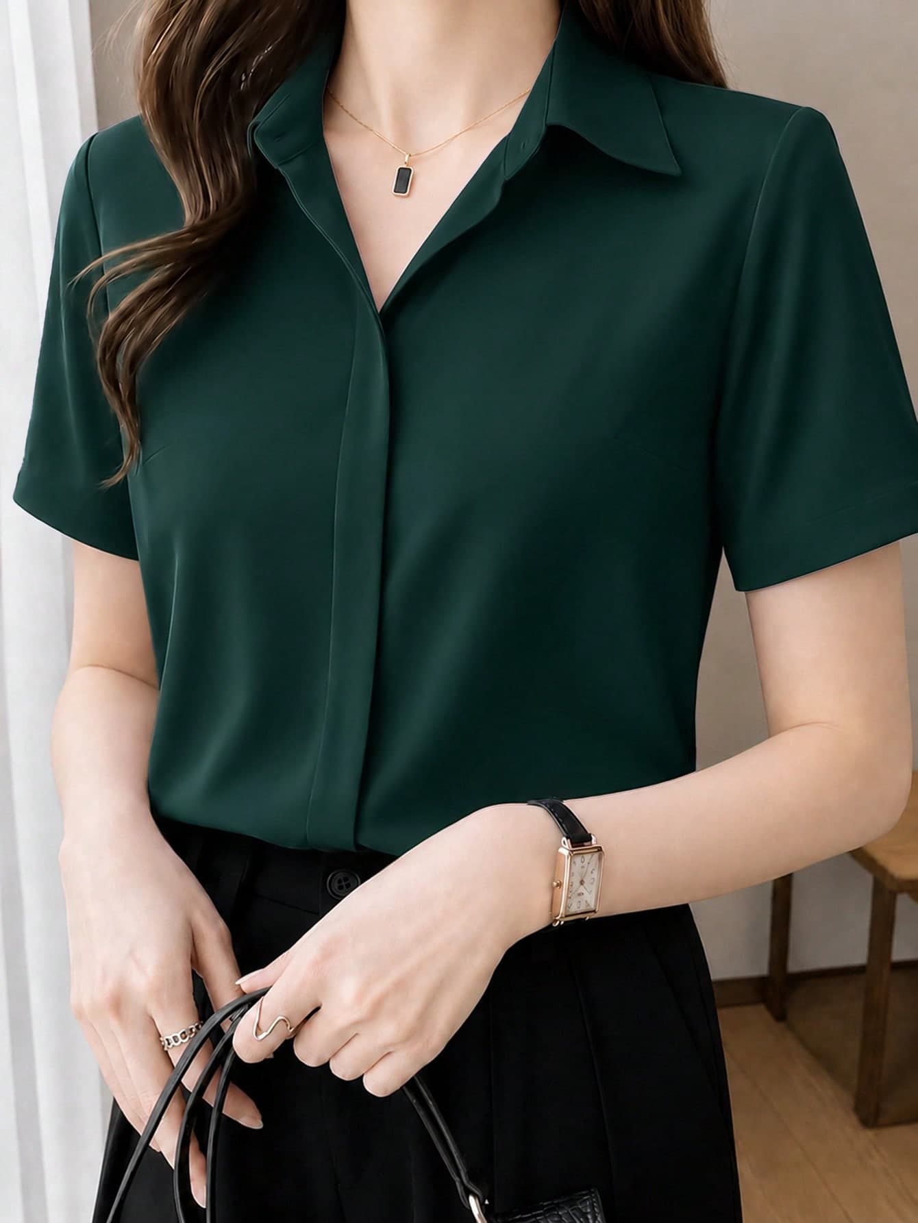 Silk Short Sleeve Shirt With Design, Lightweight Mature Hong Kong Style Satin Blouse Spring
