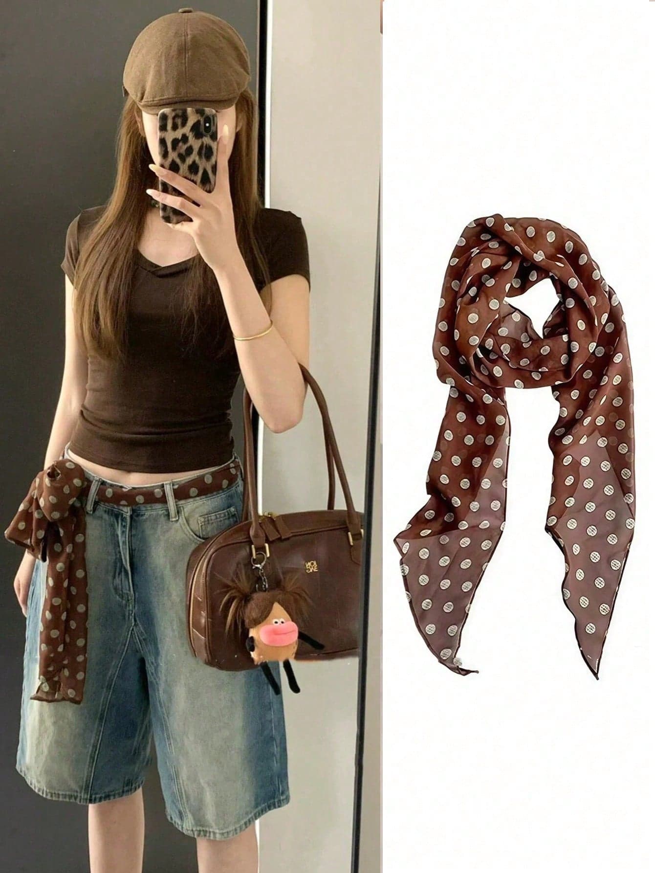 1pc Brown Polka Dot Silk Scarf, Multi-Functional Silk Necktie, 2026 New Style Headband, Women's Neck Accessory, Suitable For Daily Wear