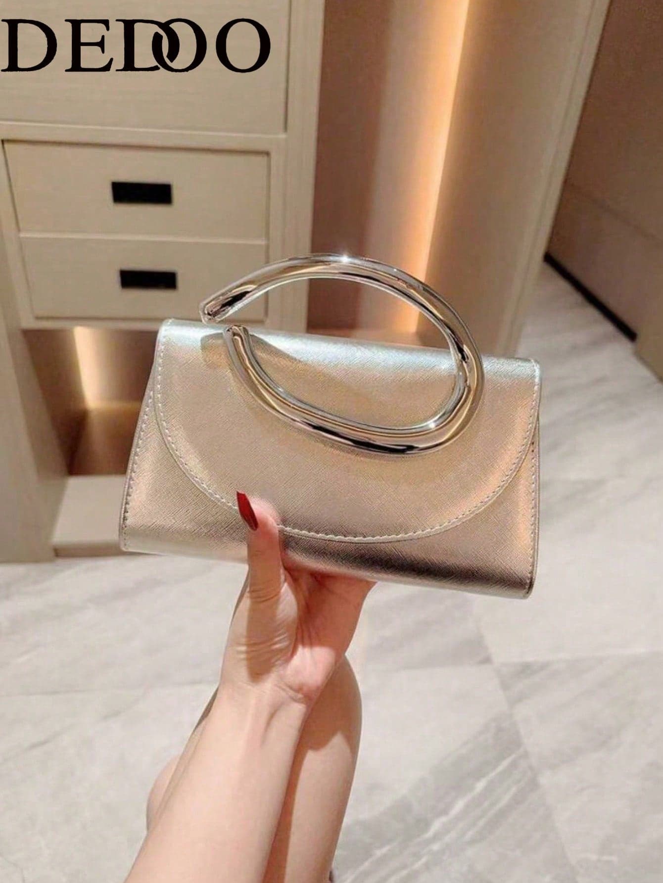 Dedoo 1pc Fashion Metal Decor Mini Clutch Bag, Elegant Shiny Metal Bar Accent Women's Handbag, Suitable For Evening Dress, Party, Wedding, Prom, With Metal Chain