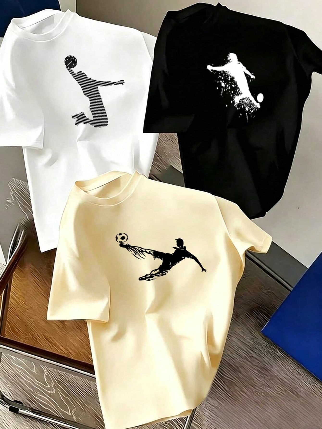 3pcs Boys' Sports Graphic Print T-Shirts, Football Basketball Player Silhouette Design Casual Short Sleeve Crew Neck Tops, Children Summer Wear Suitable For Kids And Teenagers
