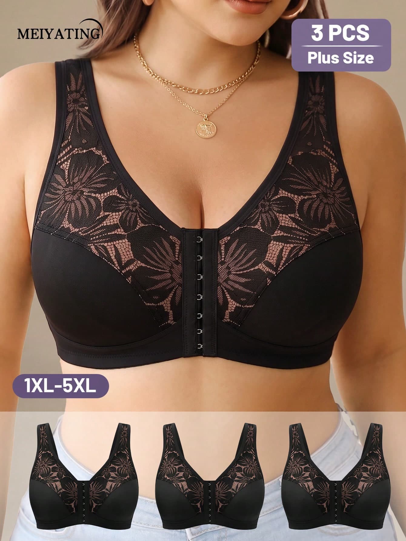 MEIYATING 3pcs Women's Plus Size Front Closure Lace Floral Pattern Soft Comfortable Daily U-Back Tank Style Bra