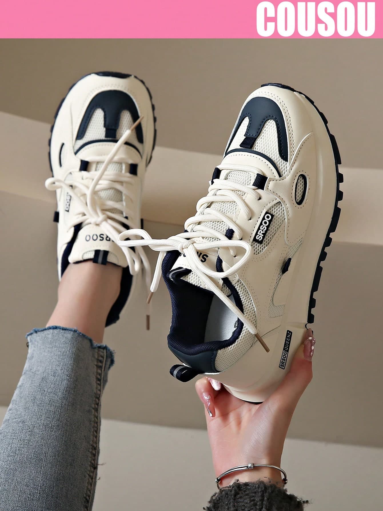 New Thick Sole Sports Shoes Versatile Beige Fashion Mesh Lace-Up Chunky Sneakers All-Season Patchwork Outdoor Flat Casual Shoes