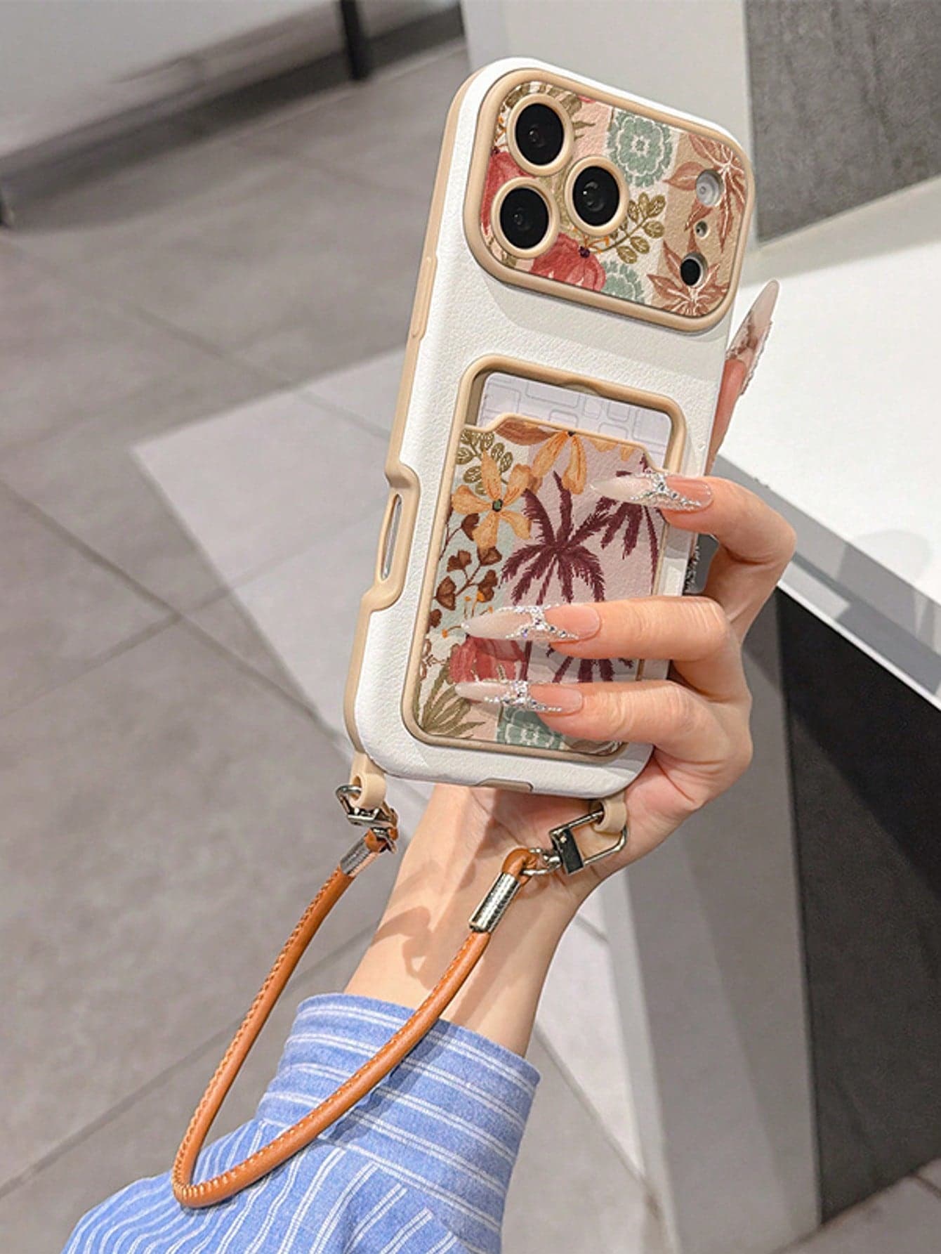 Vintage Tropical Plant Print Card Holder Phone Case With Lanyard, Shockproof And Card Slot, Fit For IPhone 11/12/13/14/15/16/17 Pro/Pro Max, Full Camera Protection, Suitable For Daily Use
