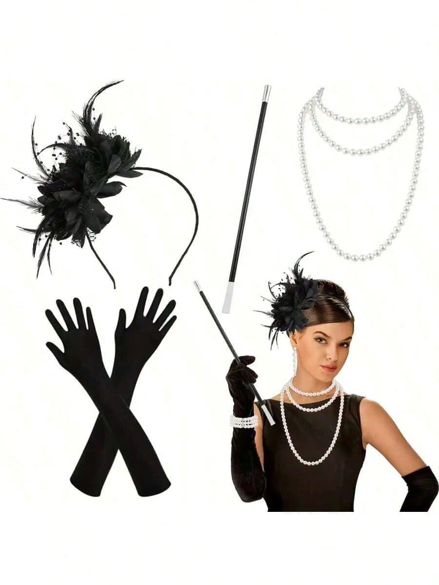 1920s Ball Costume 4-Piece Set, Elegant Feather Hair Accessory, Women's Hat, Tea Party Floral Headpiece, Classic Derby Hat, Christmas Party Costume Accessories, Vintage Theme Event, Holiday Dress Up