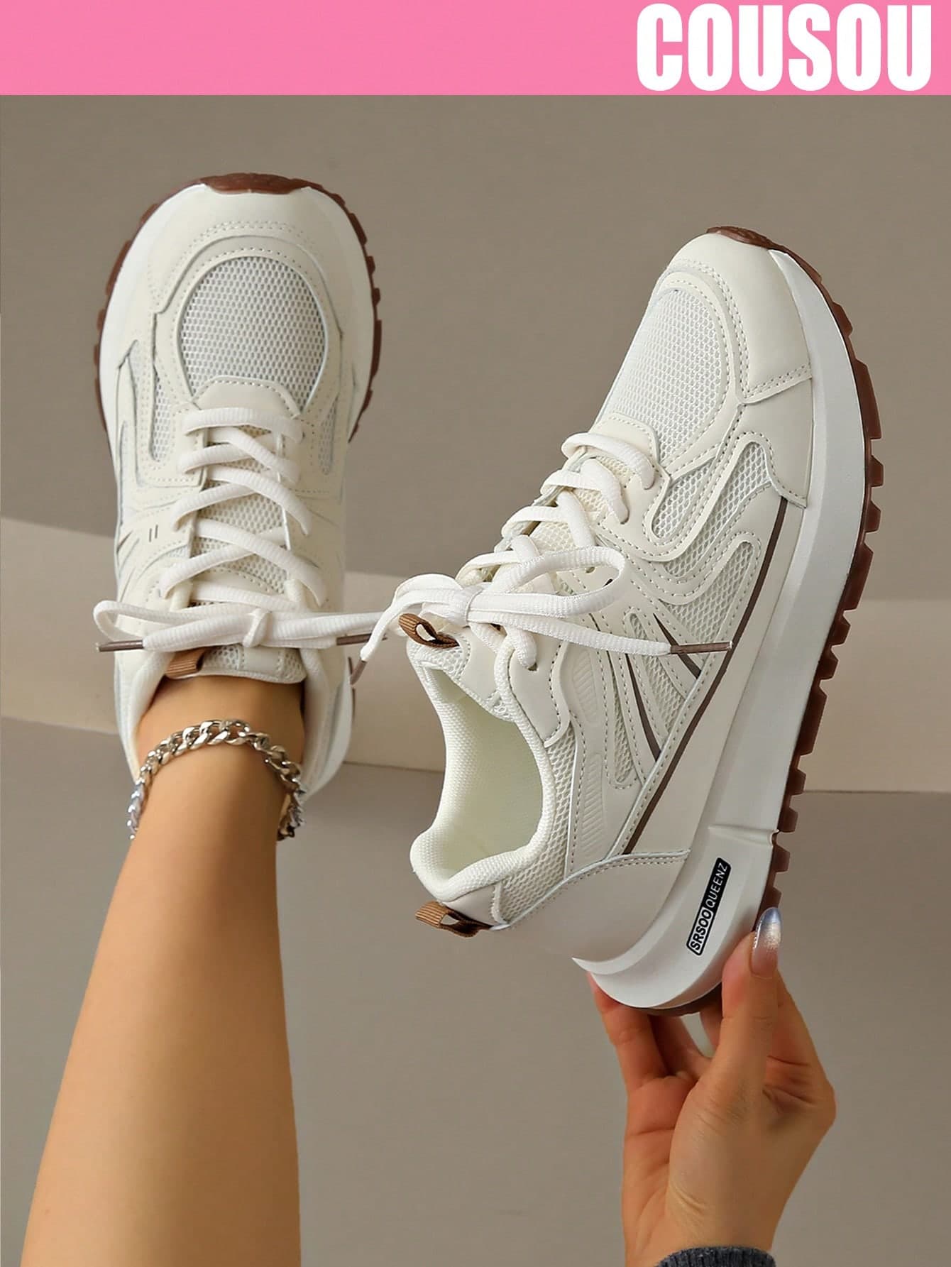 New Thick Sole Sports Shoes, Versatile Beige Fashion Mesh Lace-Up Chunky Sneakers, All-Season Patchwork Outdoor Flat Casual Sneakers