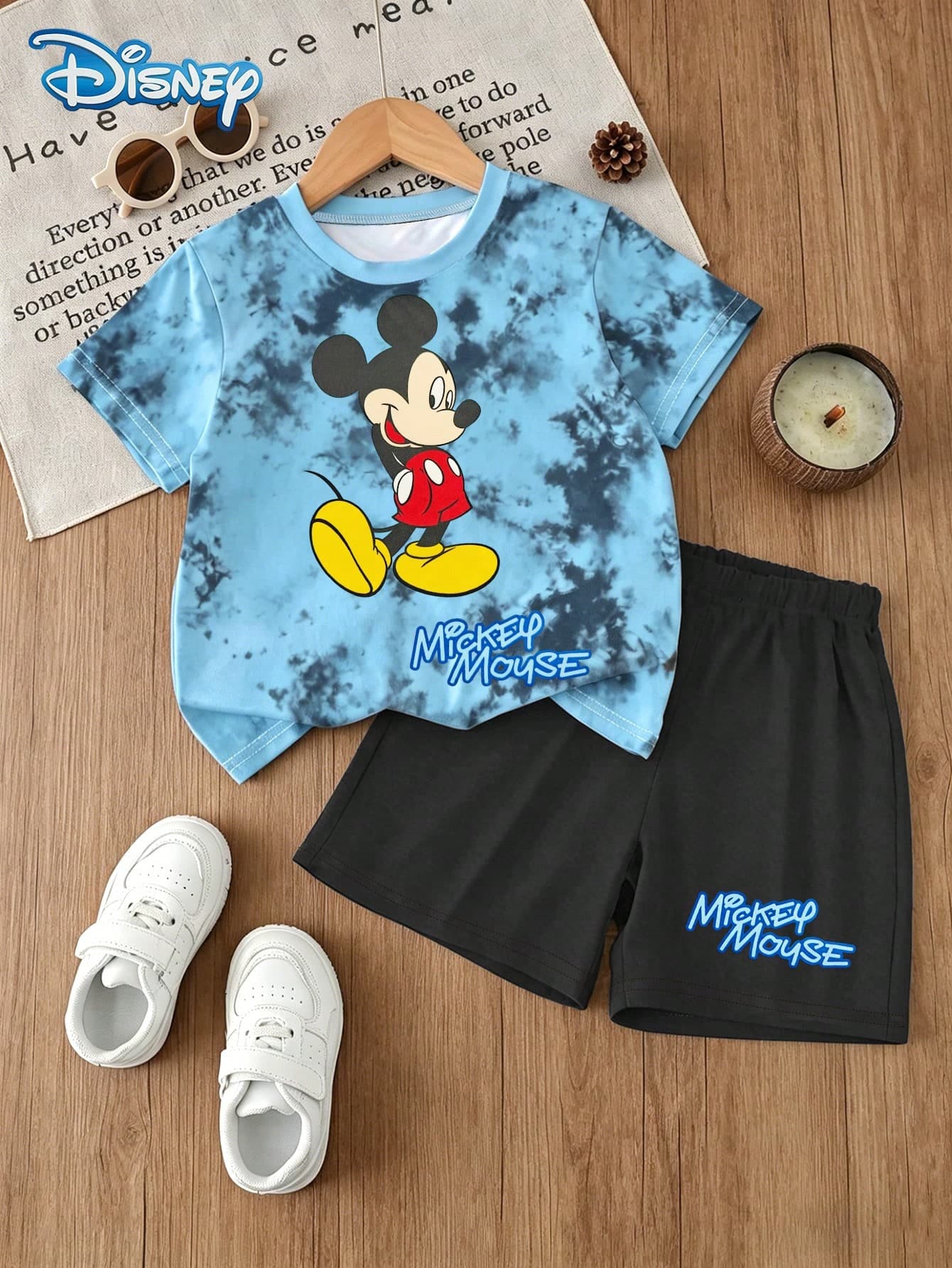 Boys T-Shirt Set, Summer Outfit Sets Disney Casual Korean Style Loose Drop Shoulder Round Neck Blue & Black Tie-Dye Side Mickey Mouse Short Sleeve + Black Shorts, Daily Outing Casual Vacation Party Wear, Suitable For Boys Under 8 Years Old