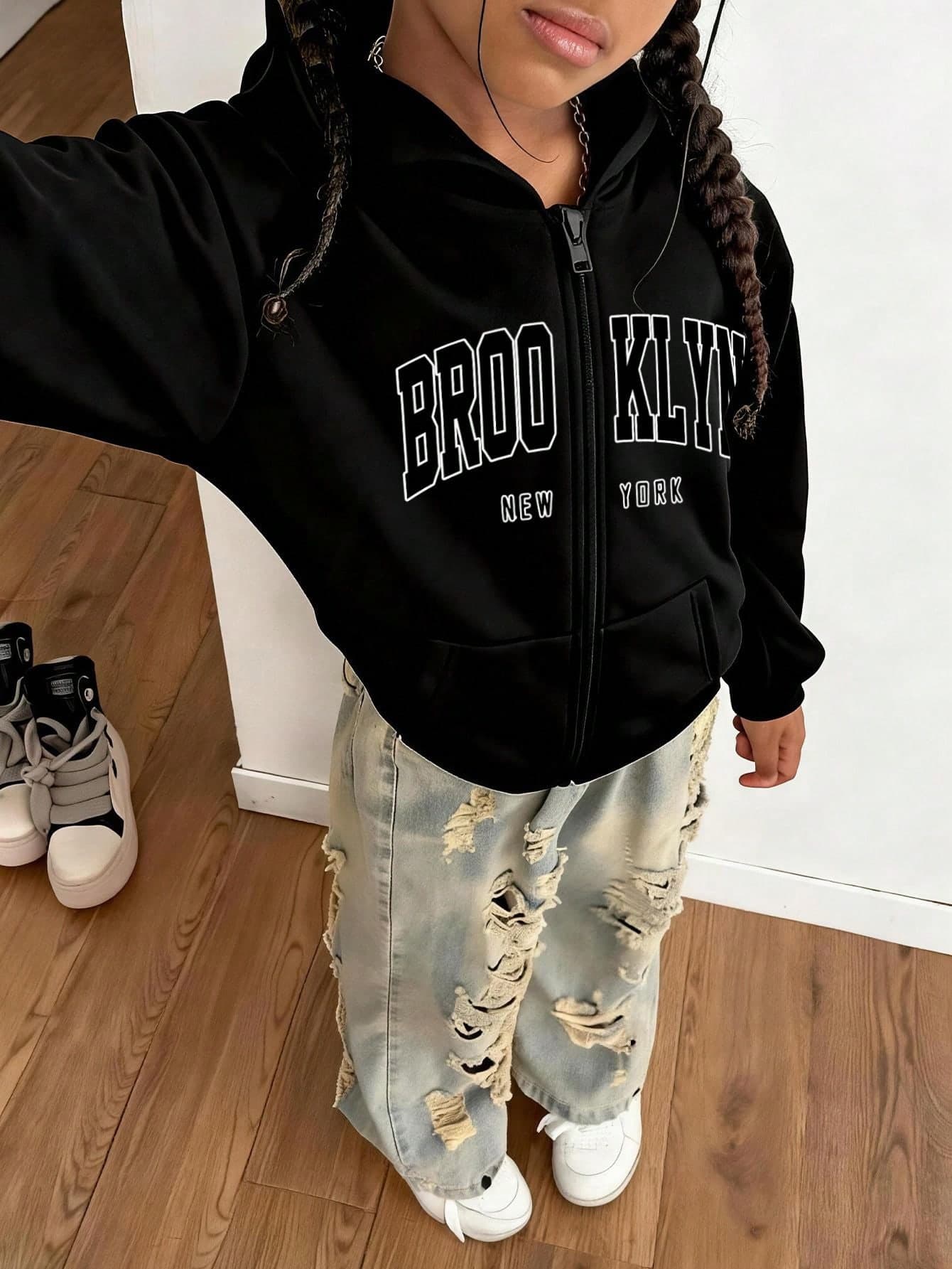 Tween Girl American Collegiate Style Letter Print Zip-Up Sweatshirt Sweatshirt, Suitable For Spring/Autumn Home, School, Vacation, Shopping And Sports Occasions