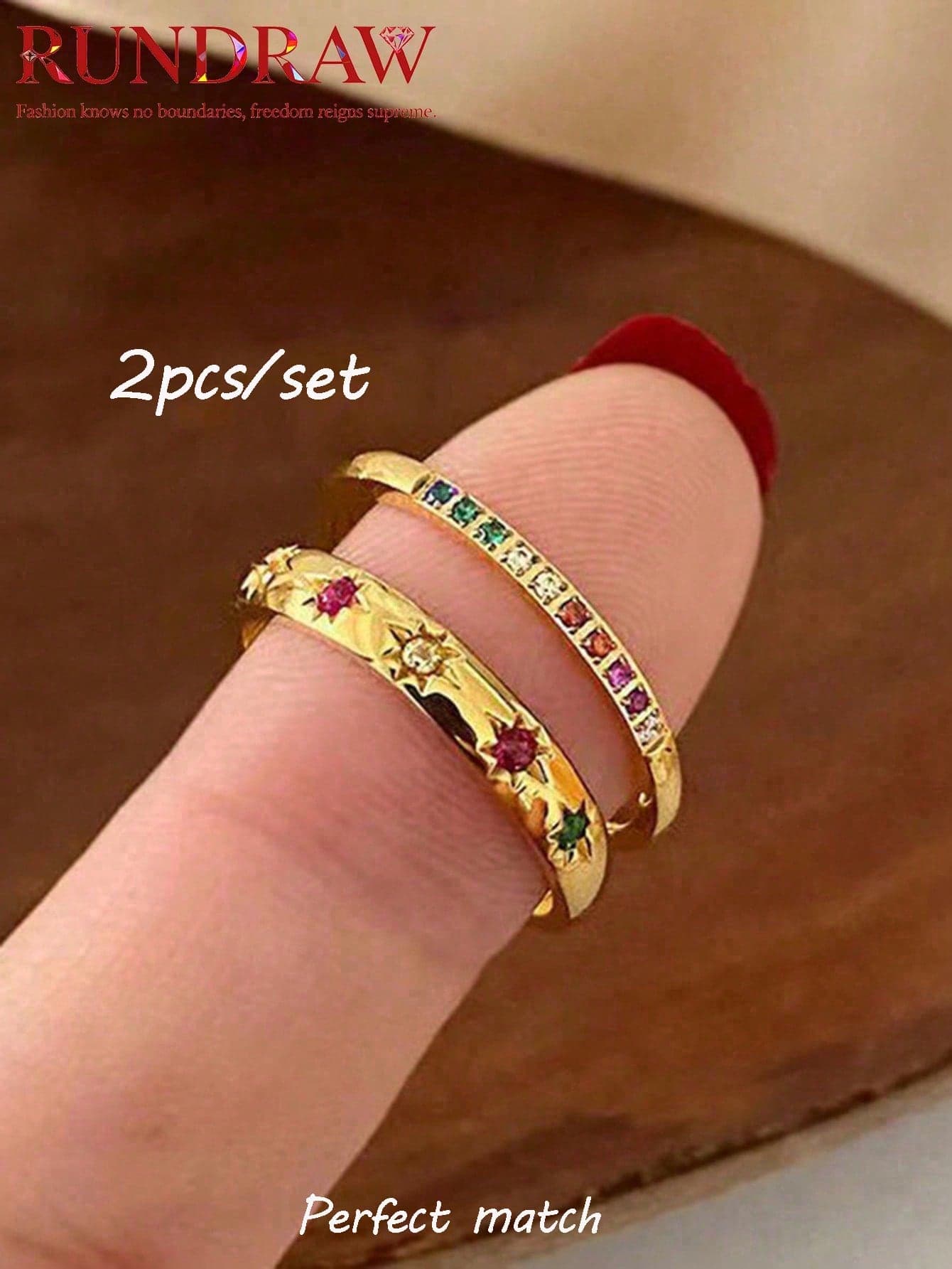 rundraw 2pcs/Set Colorful Cubic Zirconia Gold-Tone Waterproof Star Rings Set, Jewelry Gift