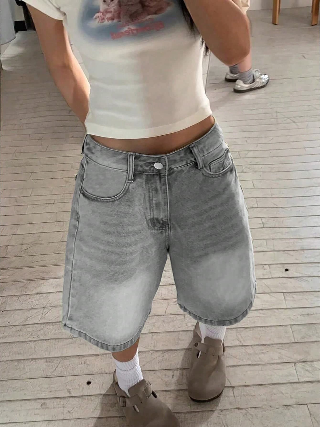 Teens Girls Oversized Vintage Washed Denim Bermuda Shorts, Casual Streetwear