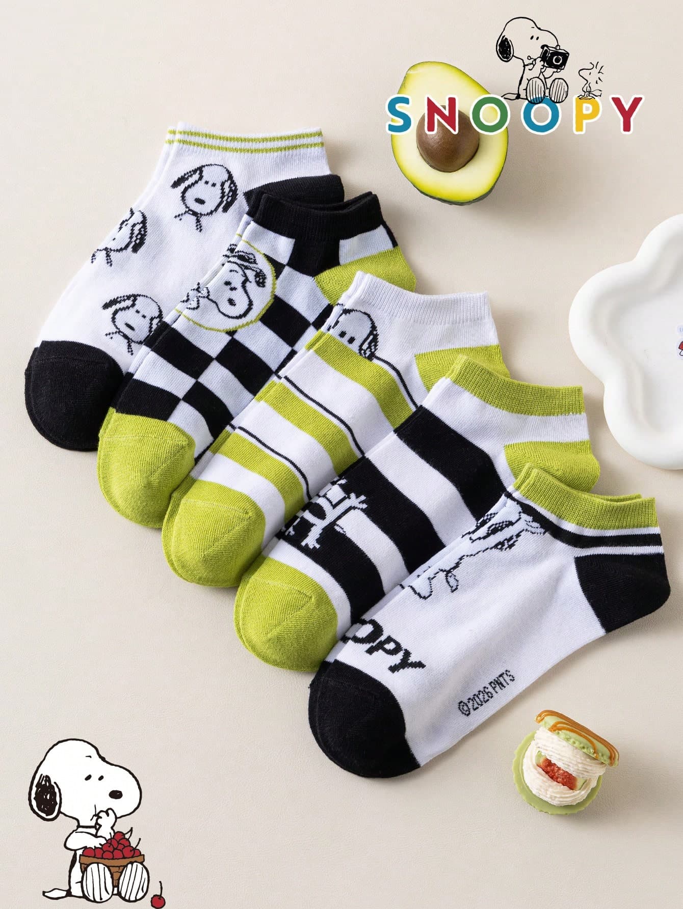 10/5/1 Pair Authentic Snoopy Sock Collaboration Men's Short Socks, Charlie Brown Puppy Expression Letter Pattern, Avocado Green Checkerboard Stripe Print Low-Cut Short Socks, Odor-Resistant, Sweat-Absorbing, Casual Versatile, Sports Round Neck Socks, Cartoon Pattern, European And American Sizes, High-Quality Fabric