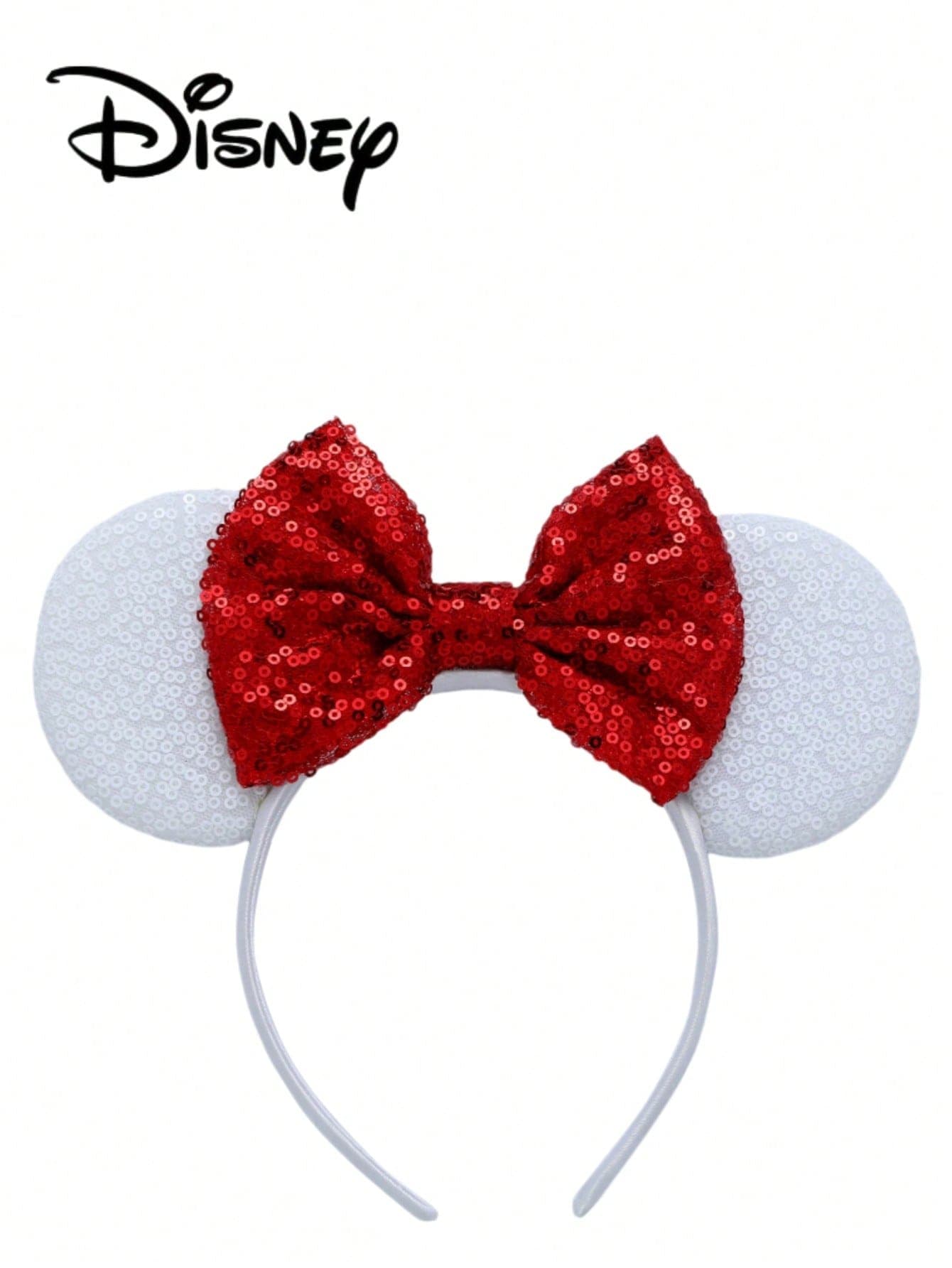 1pc Disney Mickey Mouse White+Red Sequin Headband, Mickey Mouse White+Red Sequin Headband - Holiday Party Headband Headpiece, Fun Photo Prop, Amusement Park Accessory, Suitable For Birthday Party And Easter Events, With Bow Cute Cartoon Hair Accessory, Princess Costume Accessory, Suitable For Disney Fans