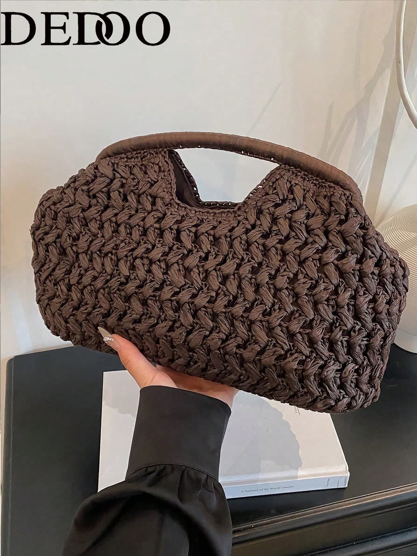 Dedoo Vintage French Style Rough Texture Straw Handbag, Cloud-Shaped Design With Hollow Handle For Easy Carrying, Beach Holiday Vibe Clutch Bag, Suitable For Spring/Summer Everyday Outings As A Wristlet