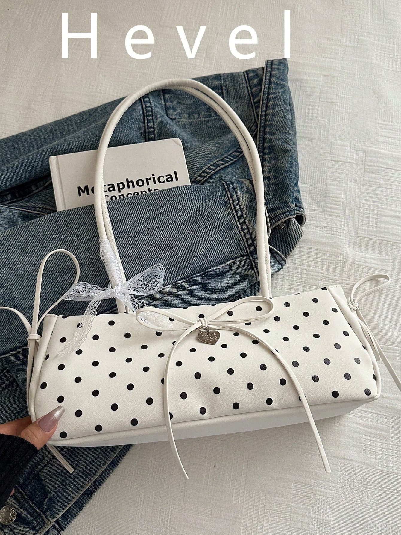 Hevel, New Fashion Polka Dot Square Bag, Zipper Closure, Lace Decoration, Lightweight And Simple, Solid Color Soft Double Handle Shoulder Bag, Suitable For Women's Daily Life, Casual, Work, Travel And Student Use, Women's Summer Bag