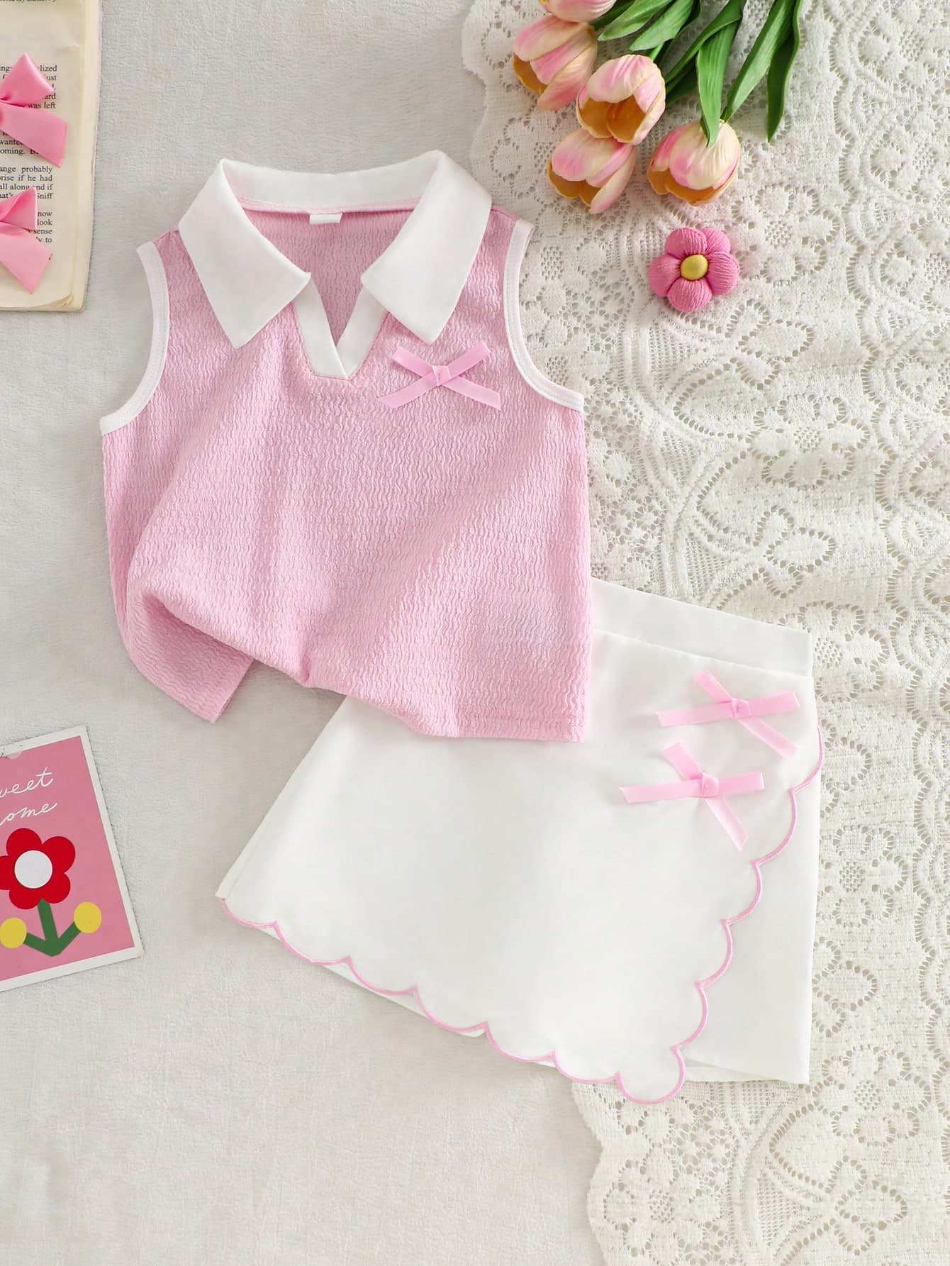Girls' Summer Clothing Set. V-Neck Pink Bow Sleeveless Top Paired With Ruffled White Skort, Suitable For Cute Daily Casual Wear.