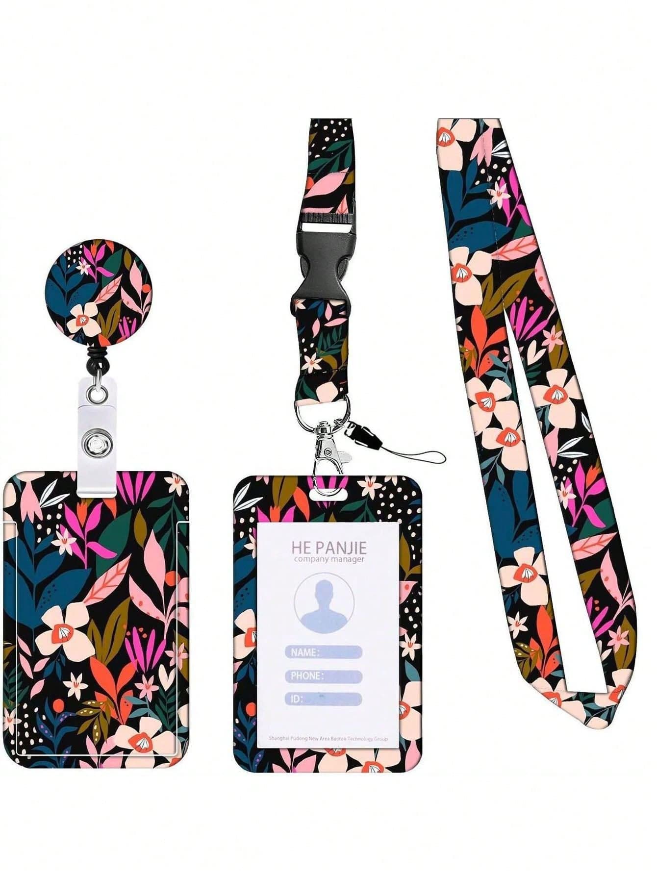 Women's Floral ID Badge Holder With Retractable Long Lanyard And Chest Card Reel, Phone Lanyard, Fits ID Card, Credit Card