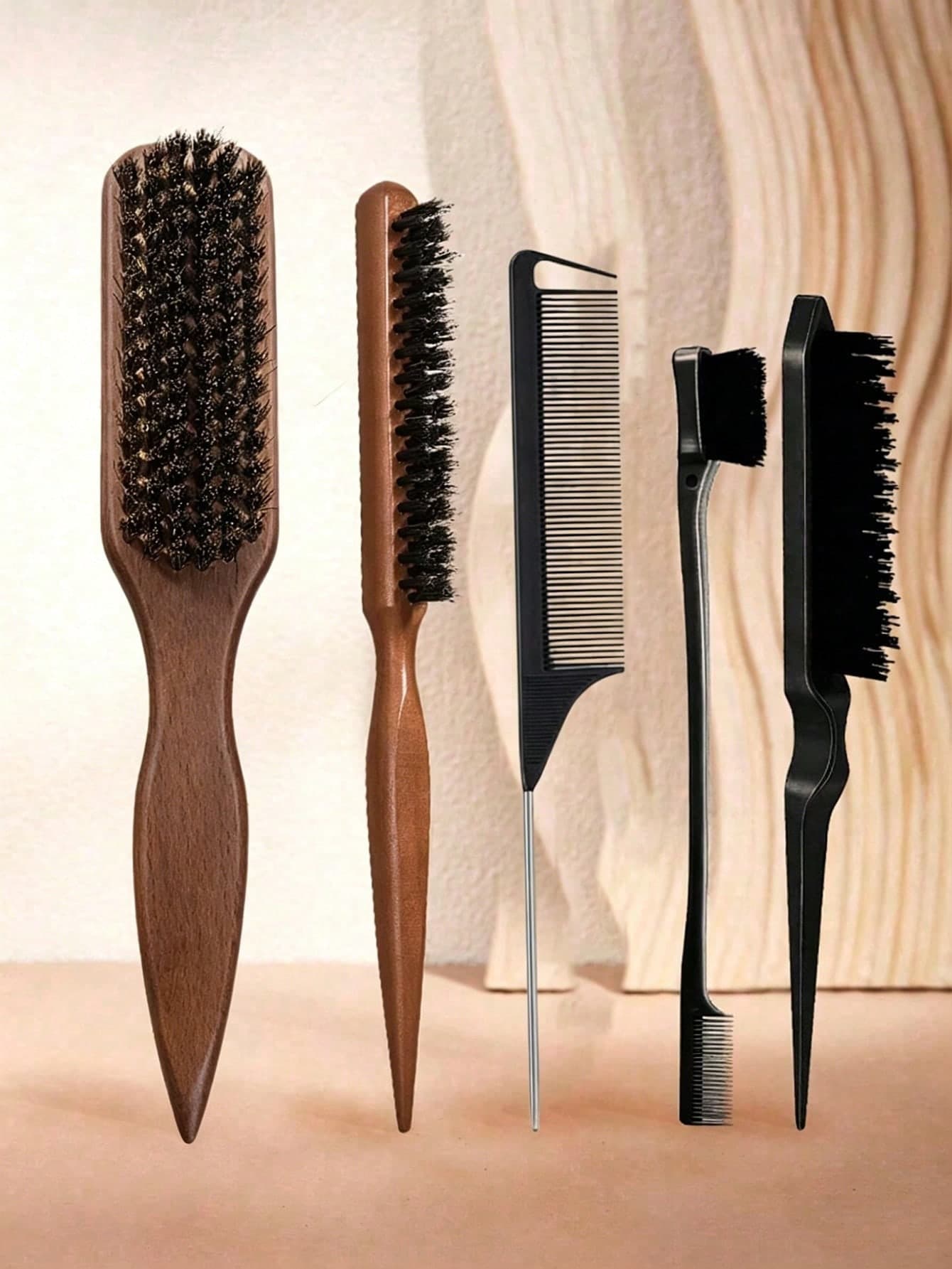 5/1pcs Unisex Smooth Back Comb Edge Control Comb Volumizing Wooden Handle Comb Beard Brush Hair Comb For Sleek Ponytail Bun Smoothing Frizz Flyaways Hairline Control - Wide Pointed Tail Teasing And Detangling Comb For Easy Parting Styling Polishing And Smoothing Hair For Frizz-Free Hairstyle Suitable For Men And Women Recommended As Christmas Gift