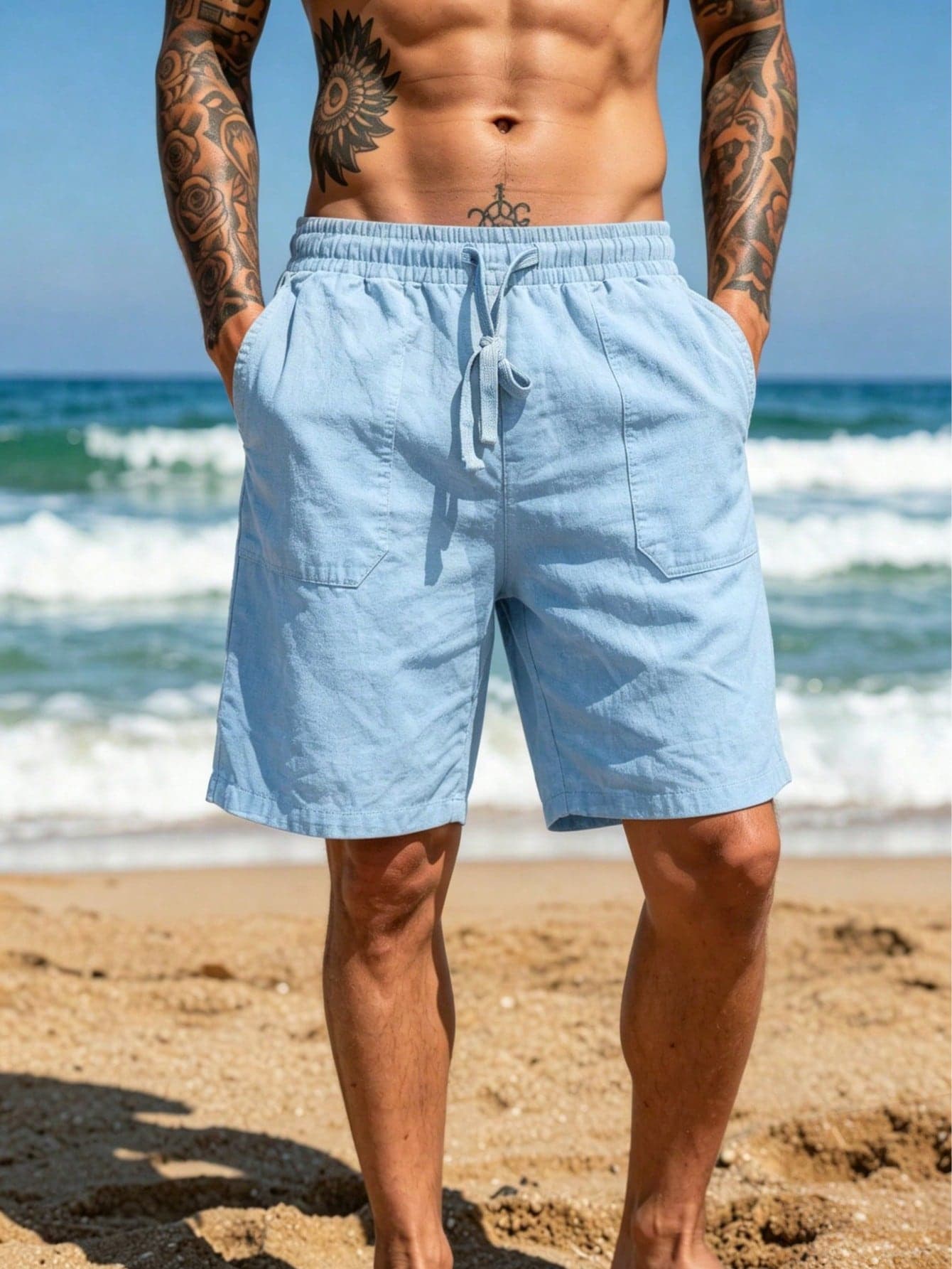 Men's Linen Blend Beach Vacation Shorts: Breathable, Lightweight, Soft, Seaside Casual Style, Light Blue Fabric, Elastic Drawstring Waist, Side Pockets, Loose Knee Length, Perfect For Spring/Summer Beach Travel And Seaside Strolling