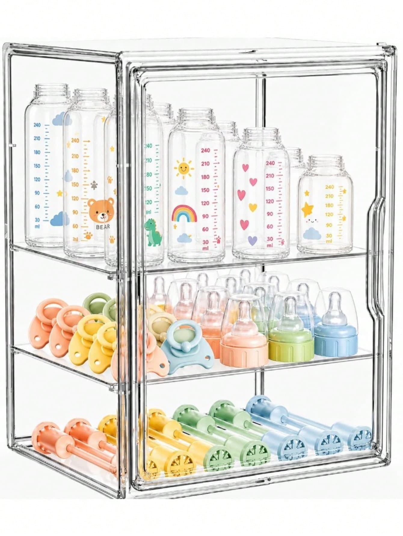 Transparent Acrylic Baby Bottle Storage Organizer Rack With Magnetic Door, Adjustable, Dust-Proof, Nipple Storage, Nursery Countertop Feeding Accessories Organizer