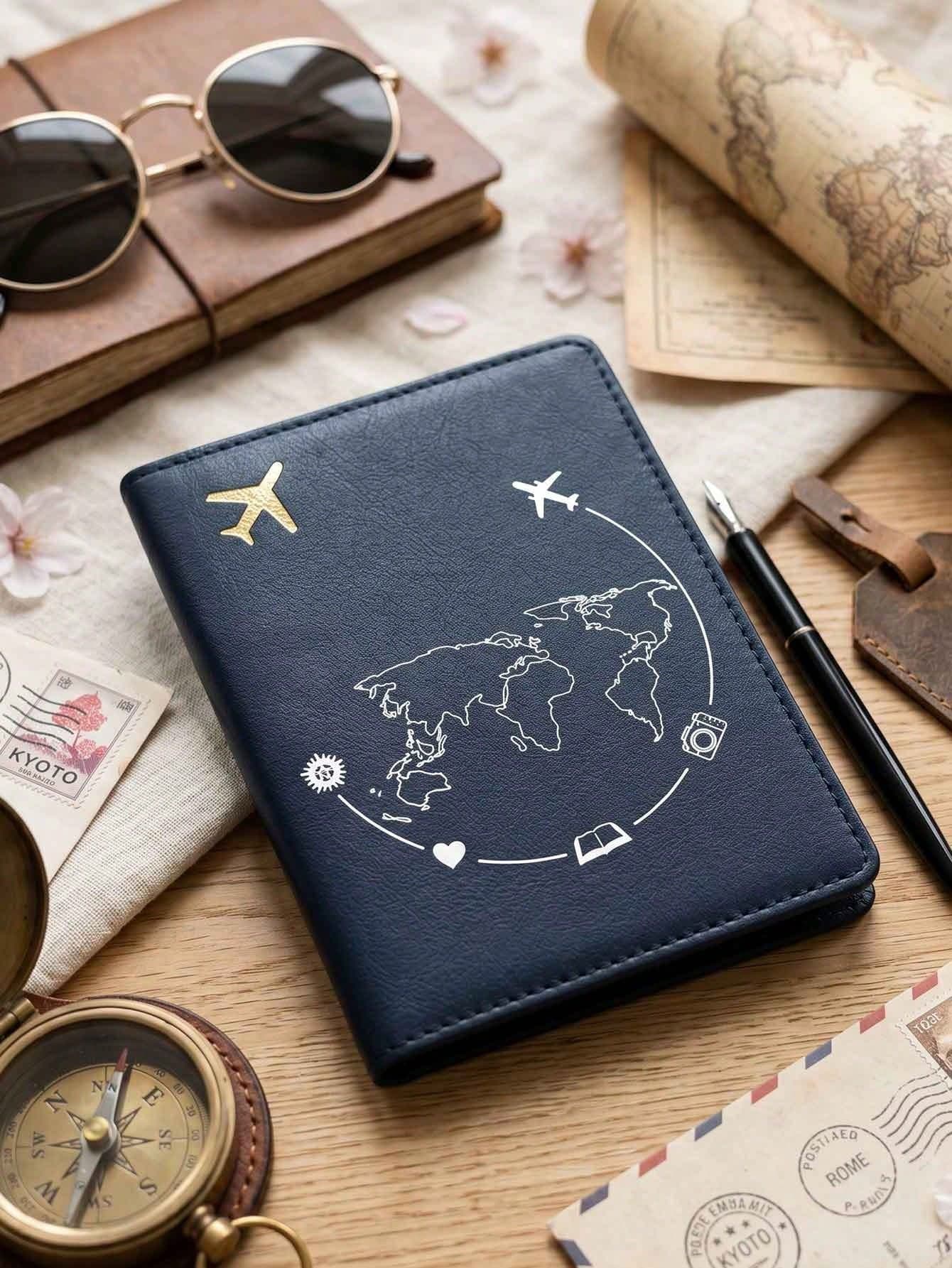 1pc Fashion Cartoon Airplane And Map Passport Cover, Minimalist Design, Foldable And Convenient To Use, Travel Essential, Stylish Passport Holder. Personalized Passport Protector Card Holder, Cruise Essential, Yellow, Black, Blue, Pink, Red, White, 6 Color Options, Colorful, Minimalist, Personalized, Unique, Travel Essential For Passport Holders