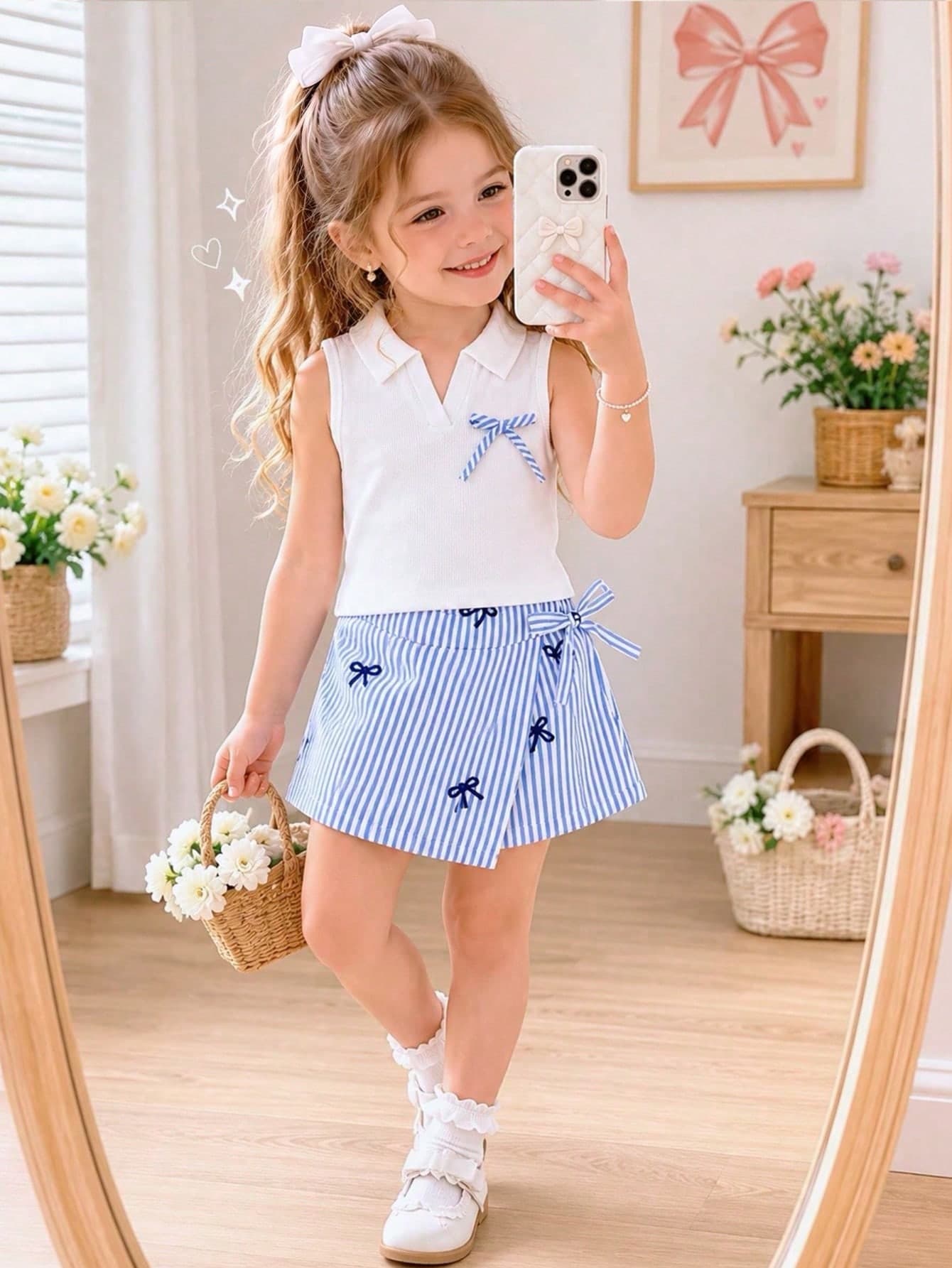 Girls' Summer Preppy Style 2-Piece Set, Polo Collar Sleeveless Ribbed Tank Top + Ribbed Bow Skirt, Fresh And Sweet Young Girl' Summer Outfit, Baby Casual Outing Wear