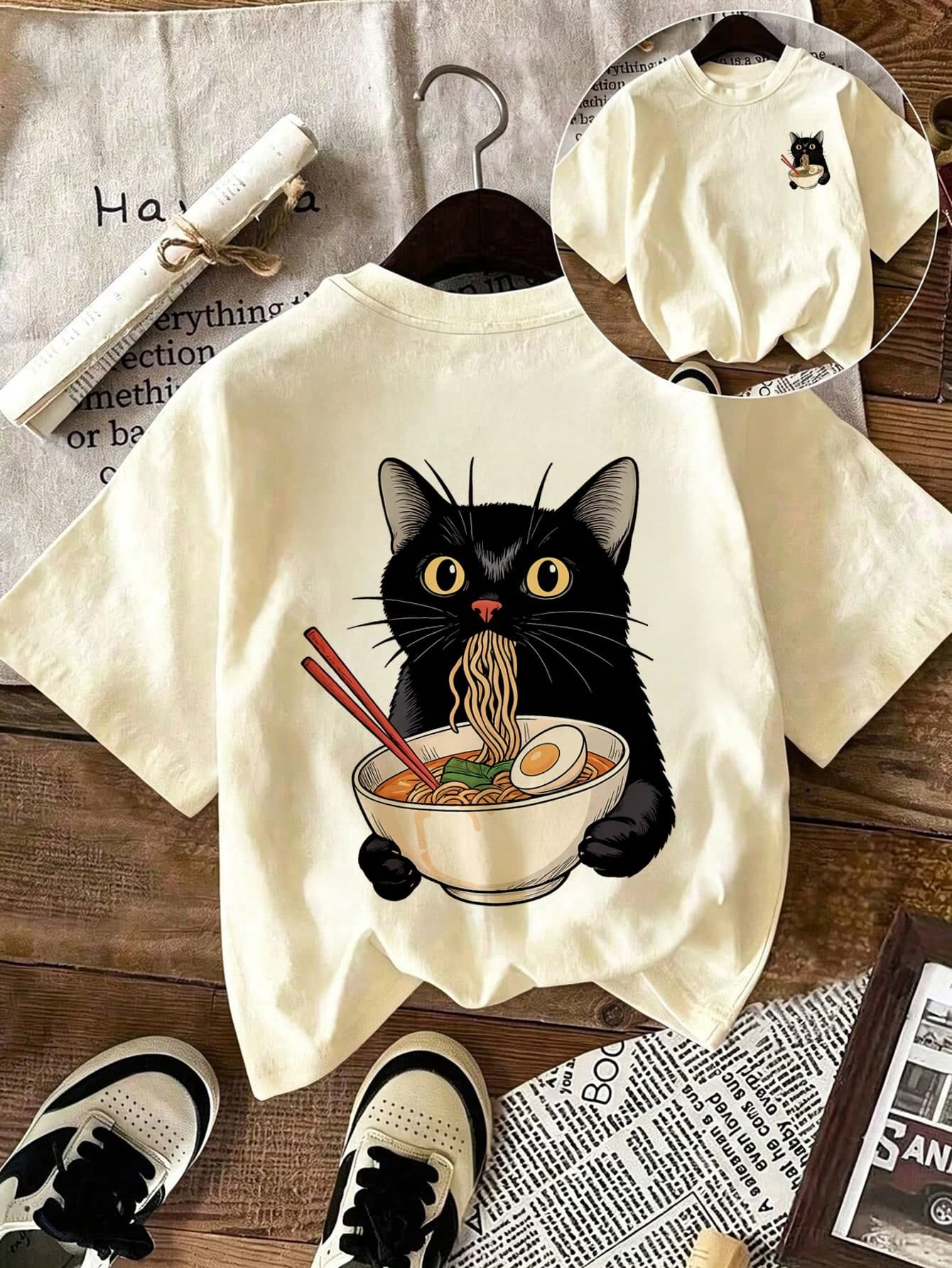 Tween Girl Funny Cat Print Round Neck T-Shirt, Summer Top