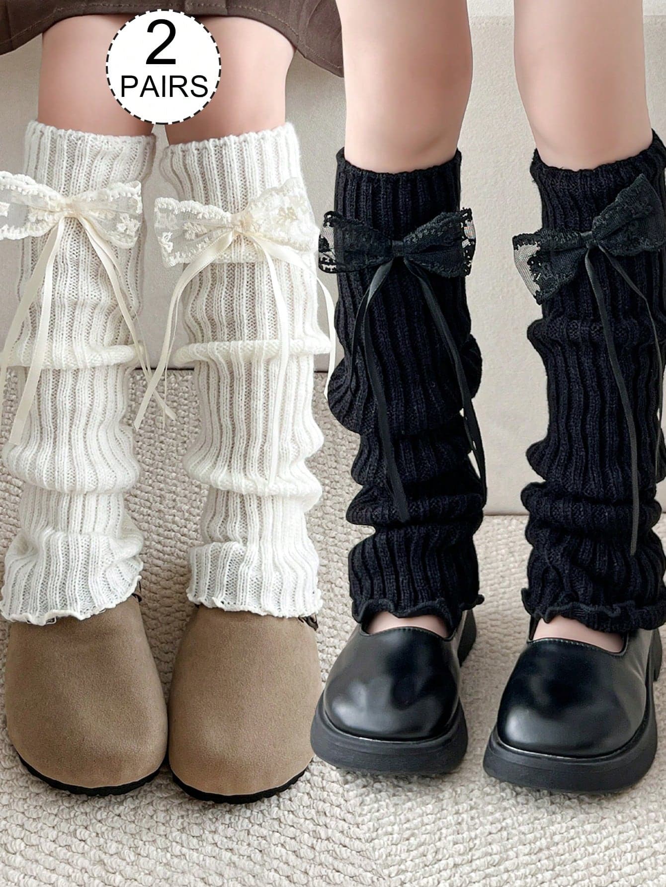 2/1 Pair Knitted Leg Warmers, Calf Sleeves, Leg Warmers For Kids & Teens, Ribbed, Bow, Lace Design, Solid Color, Frill Trim, Fashionable & Cute, Suitable For Daily Wear And Gifts, Autumn/Winter & All Season