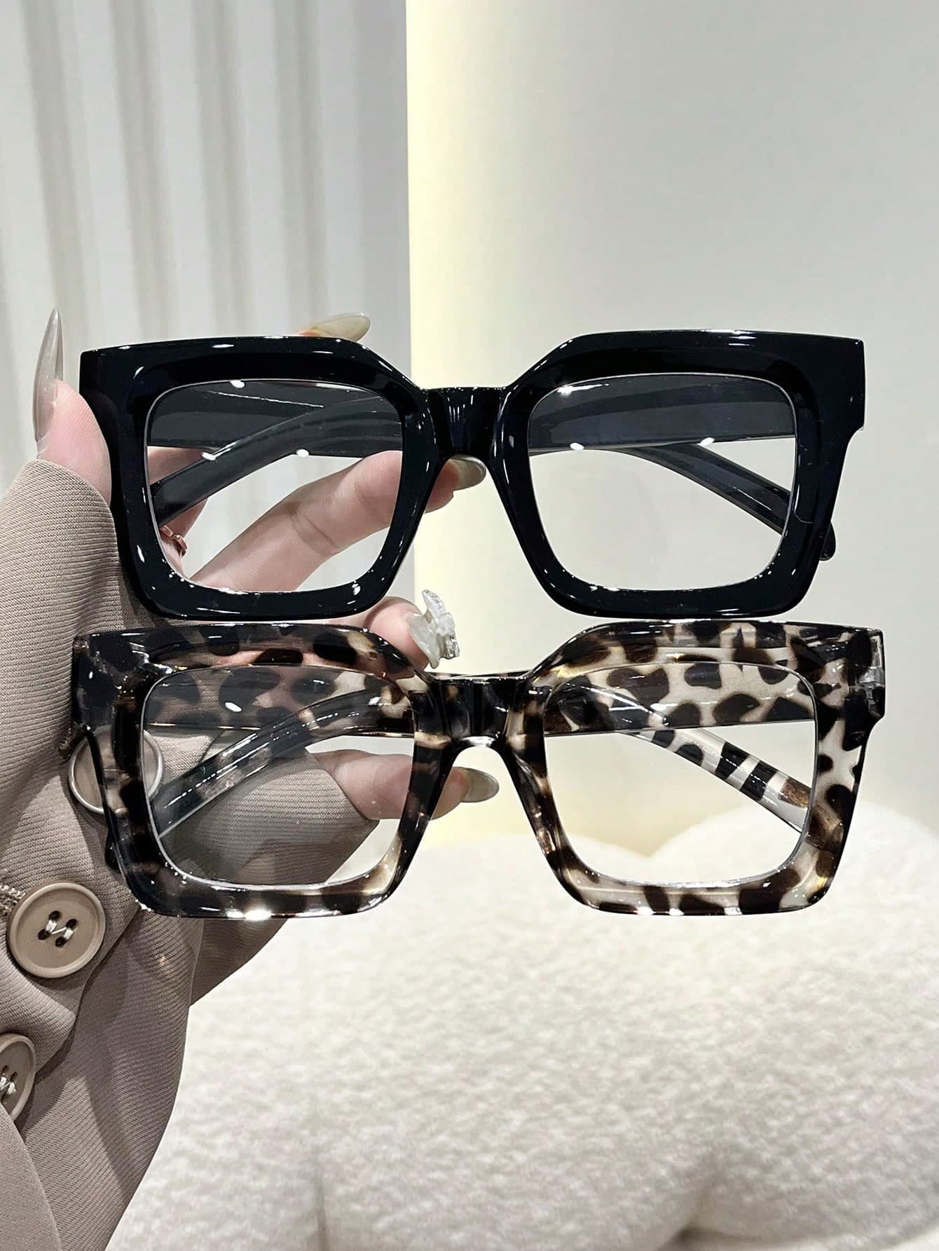 2 Pairs/1 Pair Women's Plastic Wide Frame Square Leopard Print Transparent Lens Glasses, Versatile Fashion Frames, Suitable For Street Photography, Driving, Daily Use, Holiday Gifts, Back To School Season And Futuristic Fashion Accessory