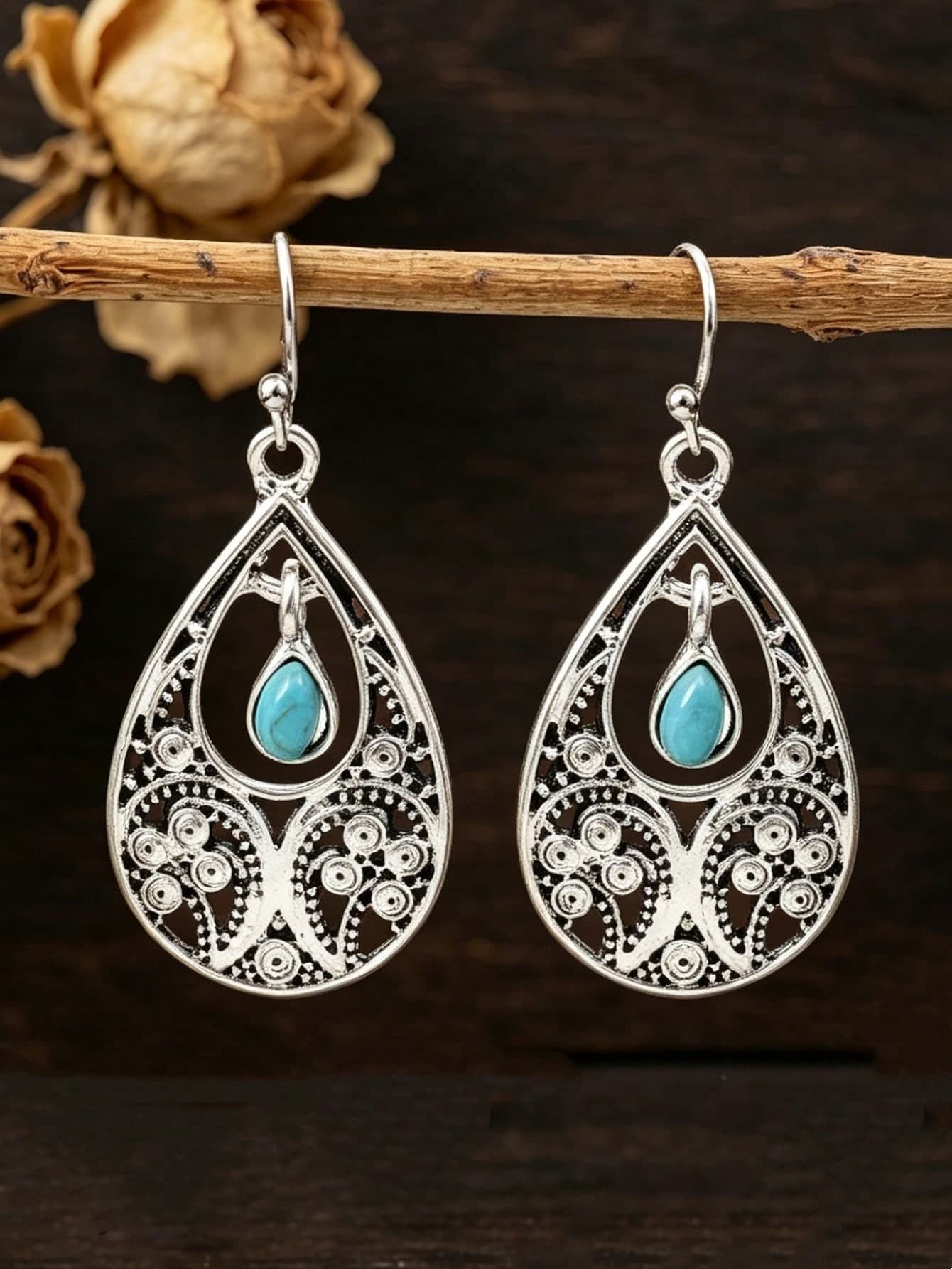1 Pair Bohemian Style Turquoise Teardrop Earrings, Vintage Hollow Carved Zinc Alloy Ear Jewelry