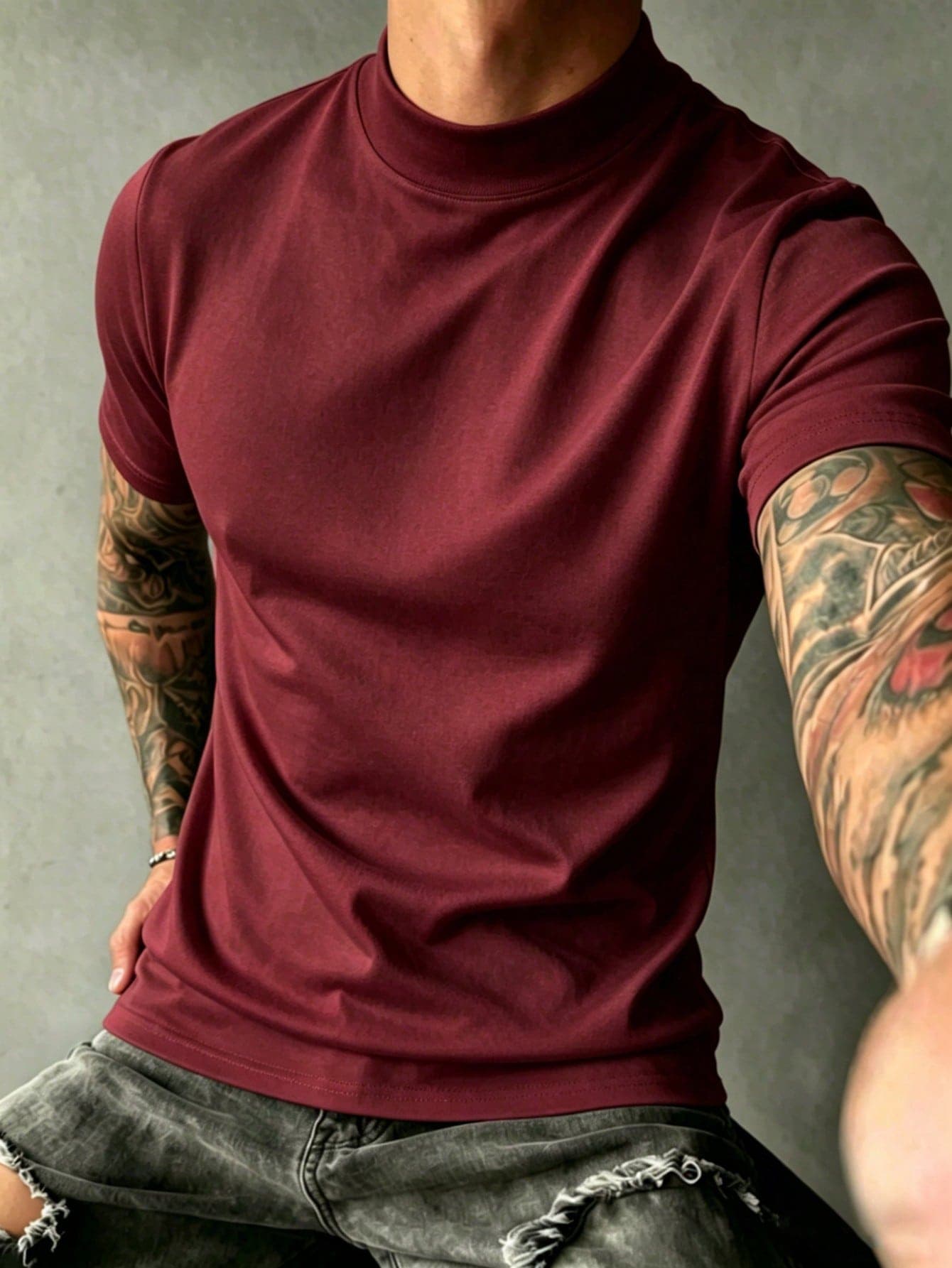 Men's Casual Versatile Daily Commute Solid Color Turtleneck Short Sleeve T-Shirt, Spring/Summer