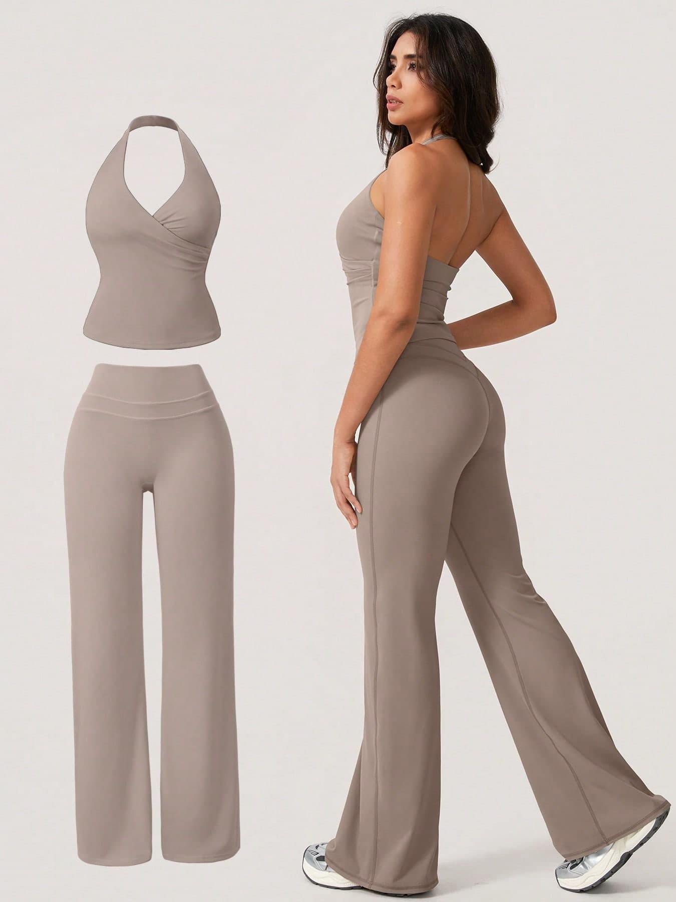 NcmRyu 1 Set Women's Sexy Halter Deep V-Neck Backless Shaping Flared Sports Suit Summer