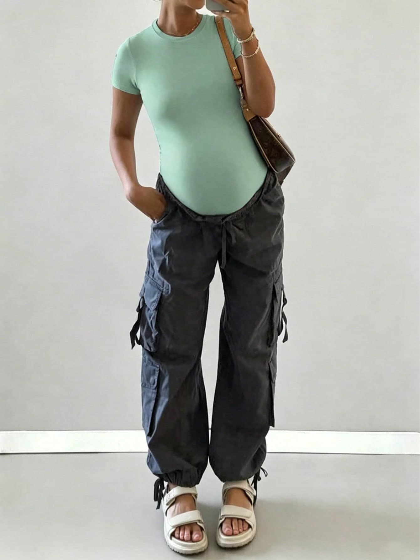 Maternity Bodysuit, Solid Color Round Neck, Minimalist Versatile Slim Fit Summer
