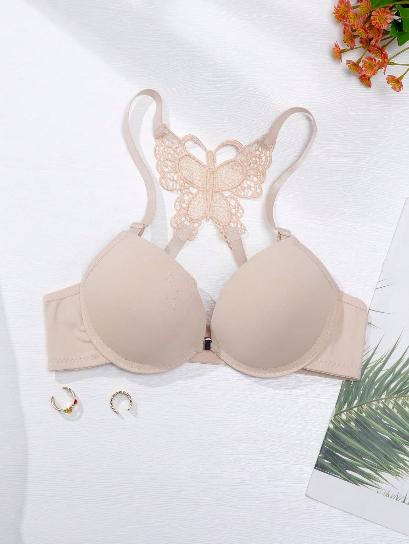 Women's Sexy Butterfly Lace Back Push-Up Bra - Front Closure, Padded Underwire Lift Support