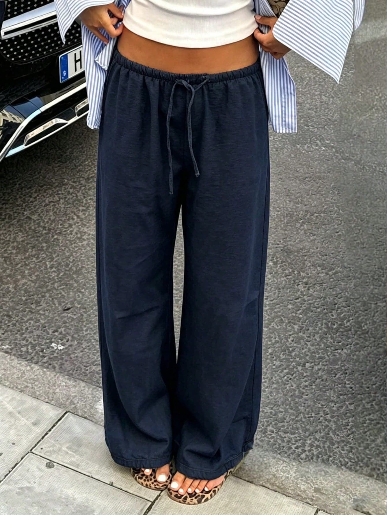 Women's Loose Fit Drawstring Waist Wide Leg Pants, Lightweight Breathable Casual Trousers, Navy Blue, Summer, Vacationcore