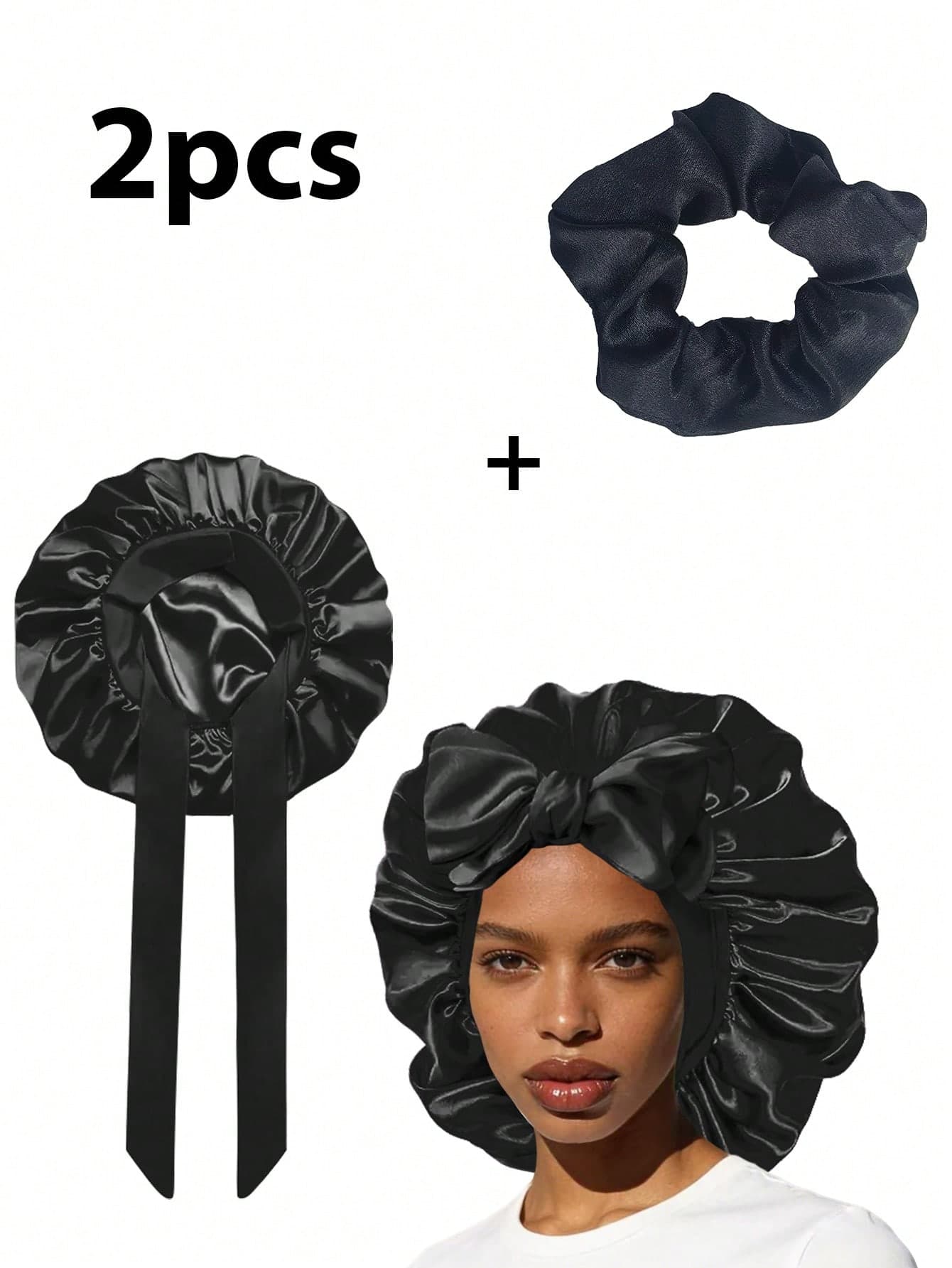2 Pieces Set: Bow Satin Sleep Bonnet + Hair Scrunchie, Silk-Like Hair Care Cap For Women, Nighttime Hair Protection For Curly/Natural Hair