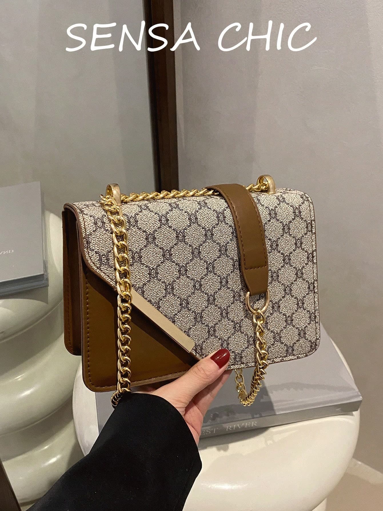 Fashionable Gray Stitching Crossbody Bag, Metal Chain Shoulder Strap Square Bag, Suitable For Young Women, Teachers, White-Collar Workers, Applicable For Commuting, Shopping, Dating, Dining, Vacation And Other Occasions