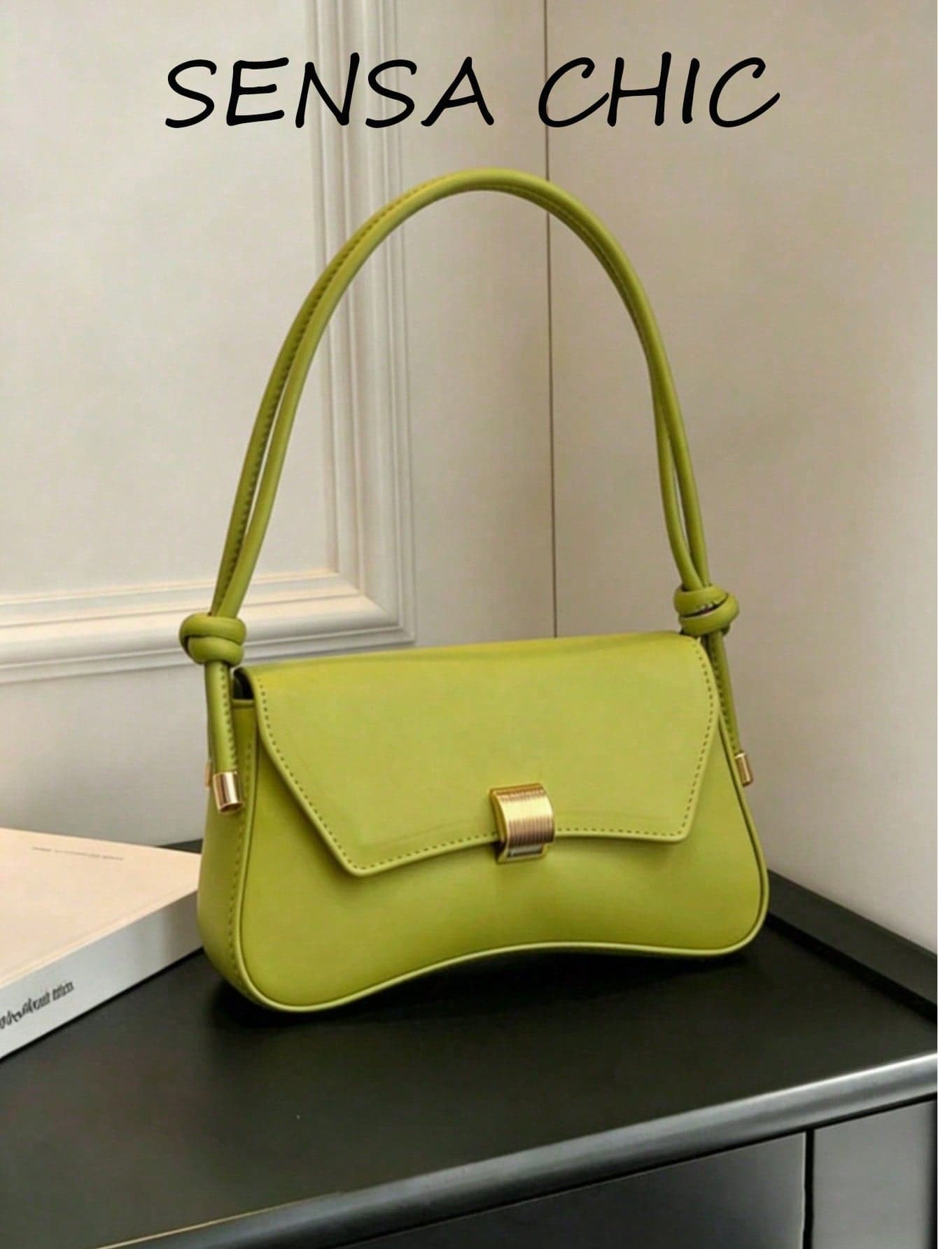 New Fashion Women's Underarm Bag, Knitted Bag With Personalized Metal Buckle Decor Design, Shoulder Bag, Solid Color PU Premium Style